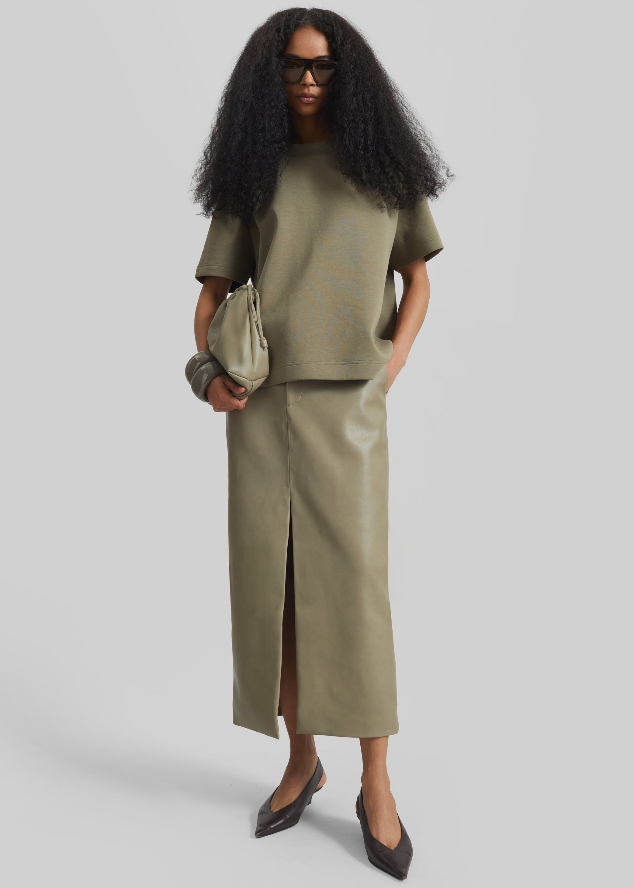 Shop the look image for Maybelle Faux Leather Front Slit Pencil Skirt - Sage