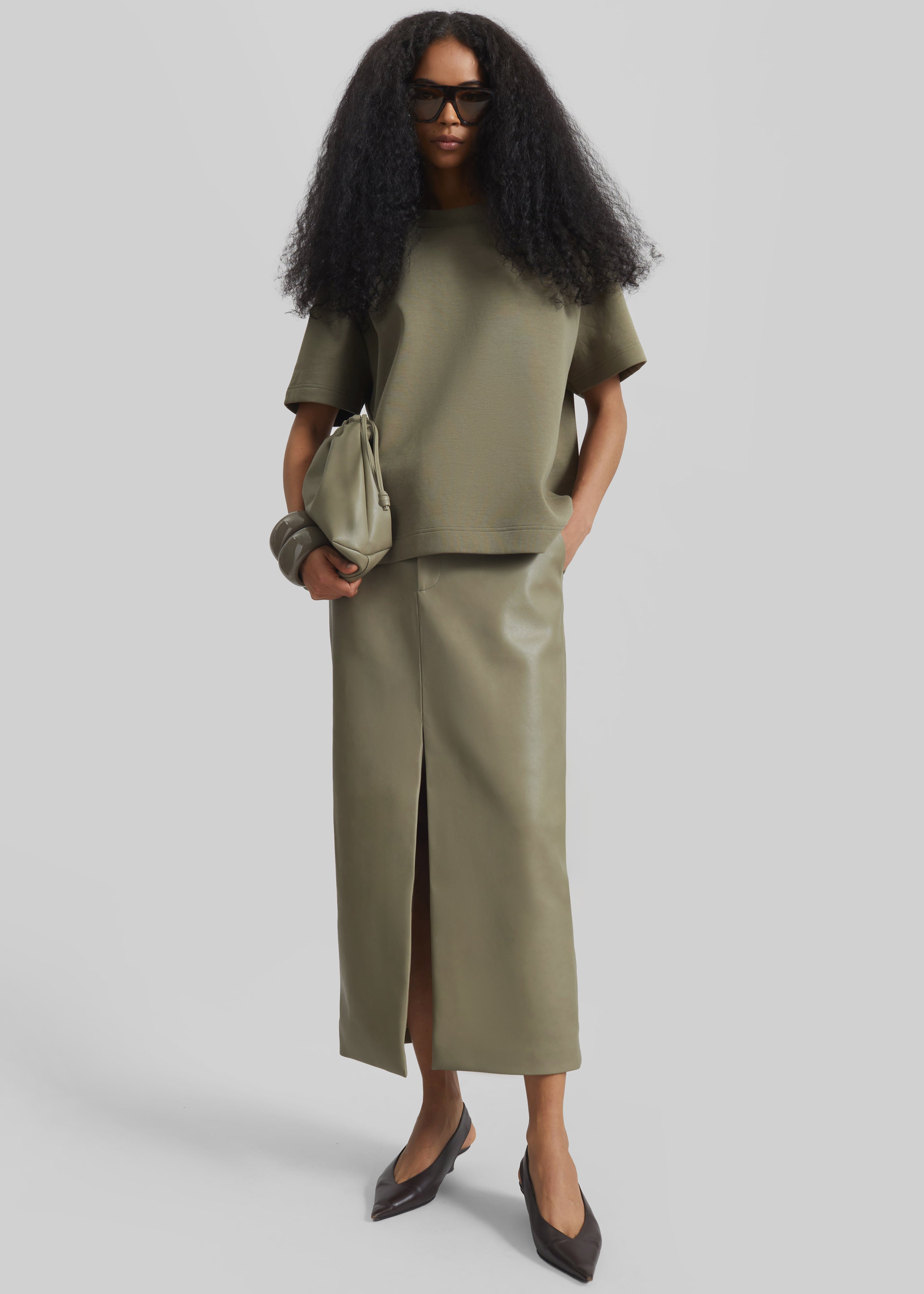 Maybelle Faux Leather Front Slit Pencil Skirt - Sage - 1