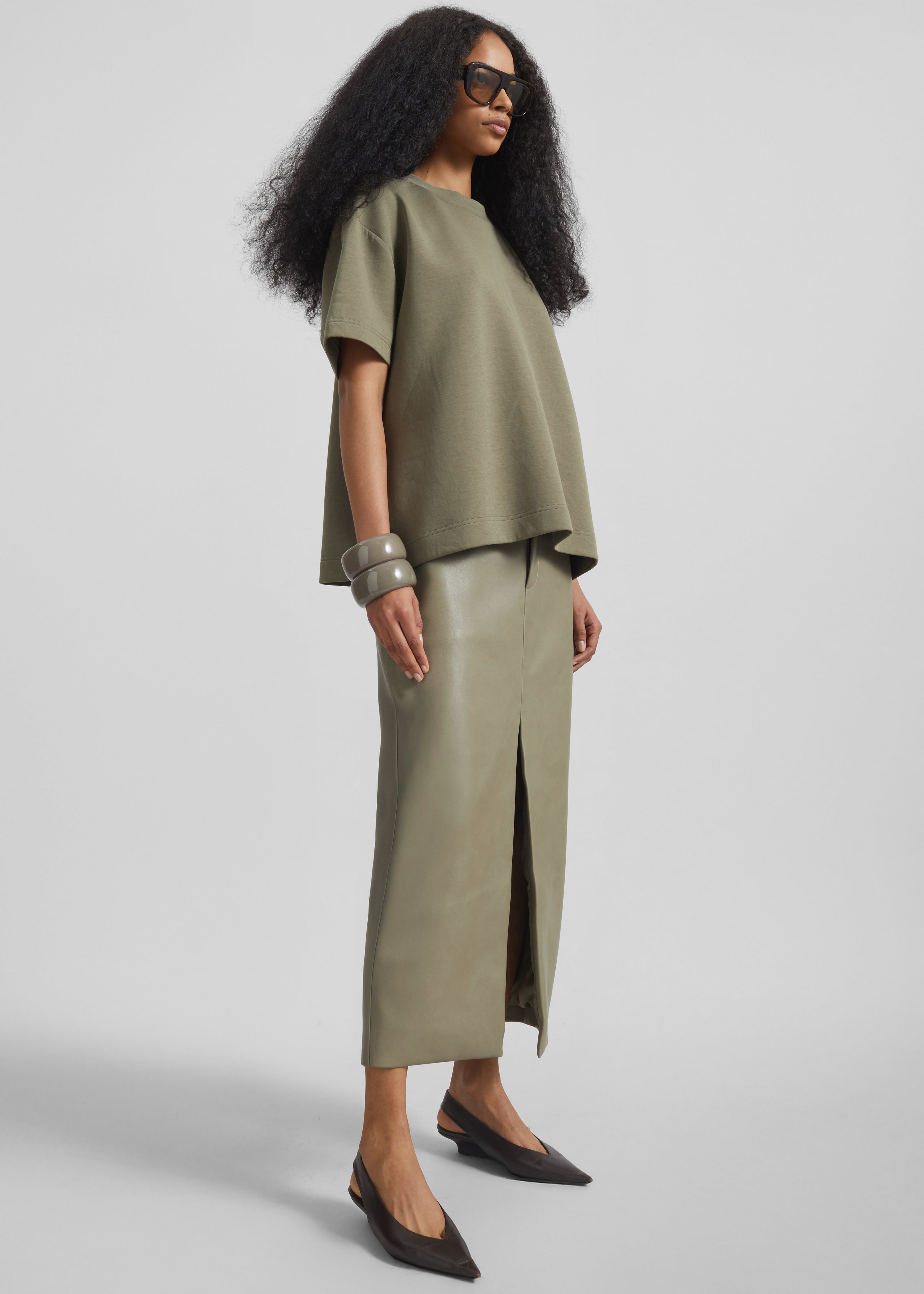 Maybelle Faux Leather Front Slit Pencil Skirt - Sage - 3