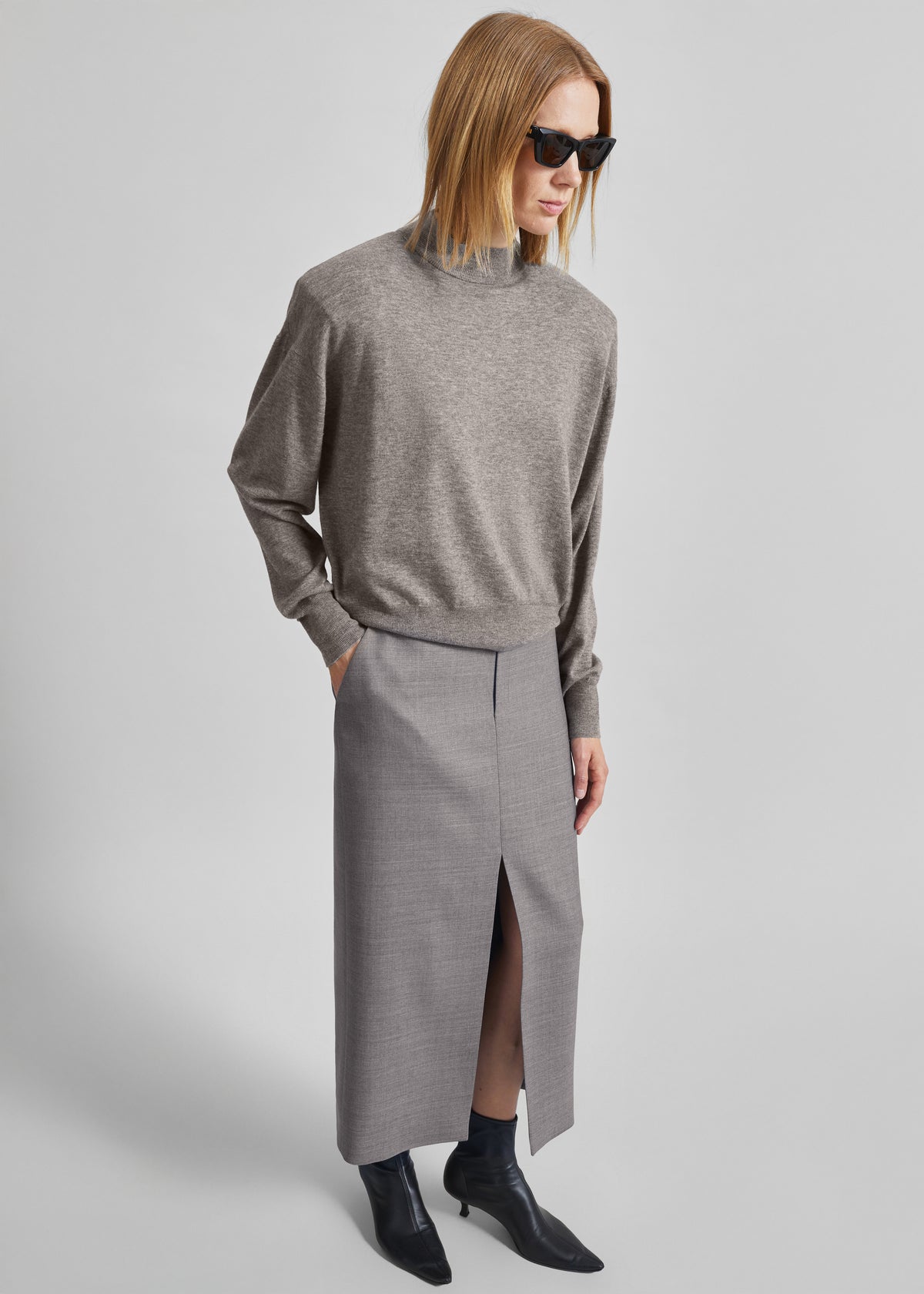 Shop the look image for Maybelle Wool Front Slit Pencil Skirt - Light Taupe Melange
