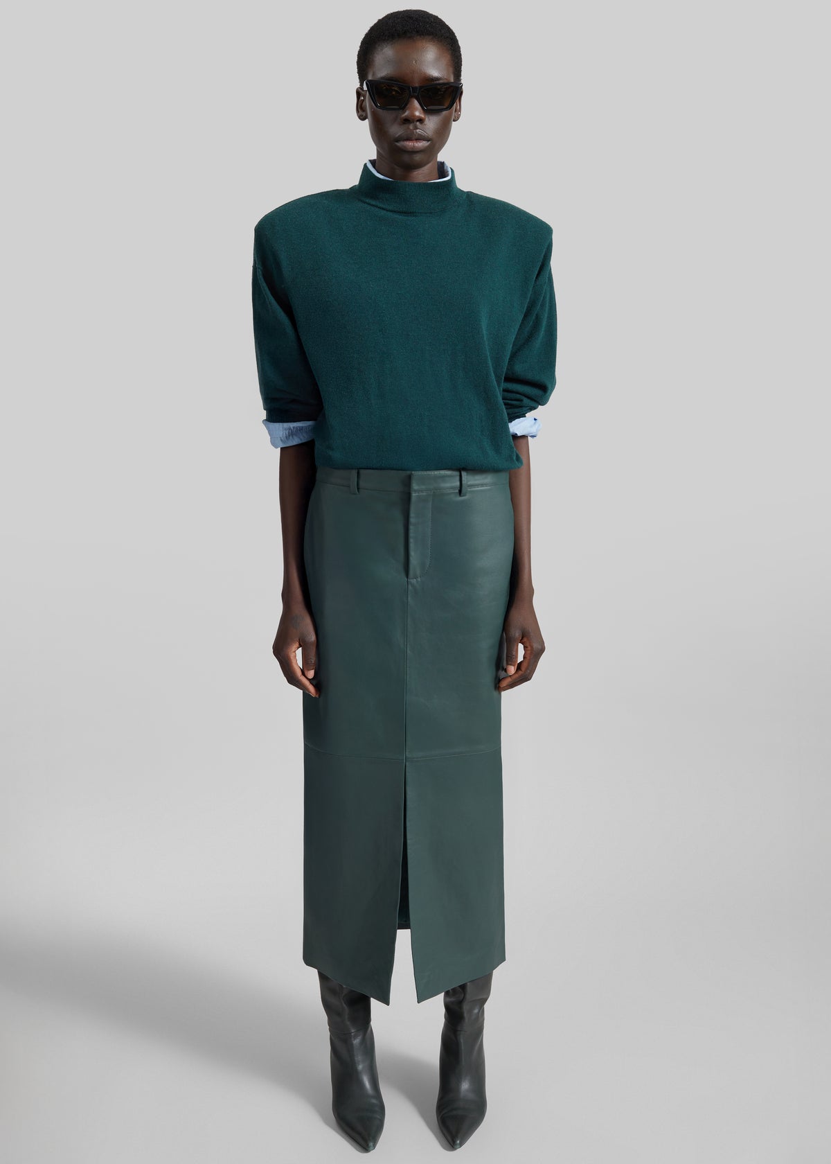 Maybelle Leather Front Slit Pencil Skirt - Bottle Green