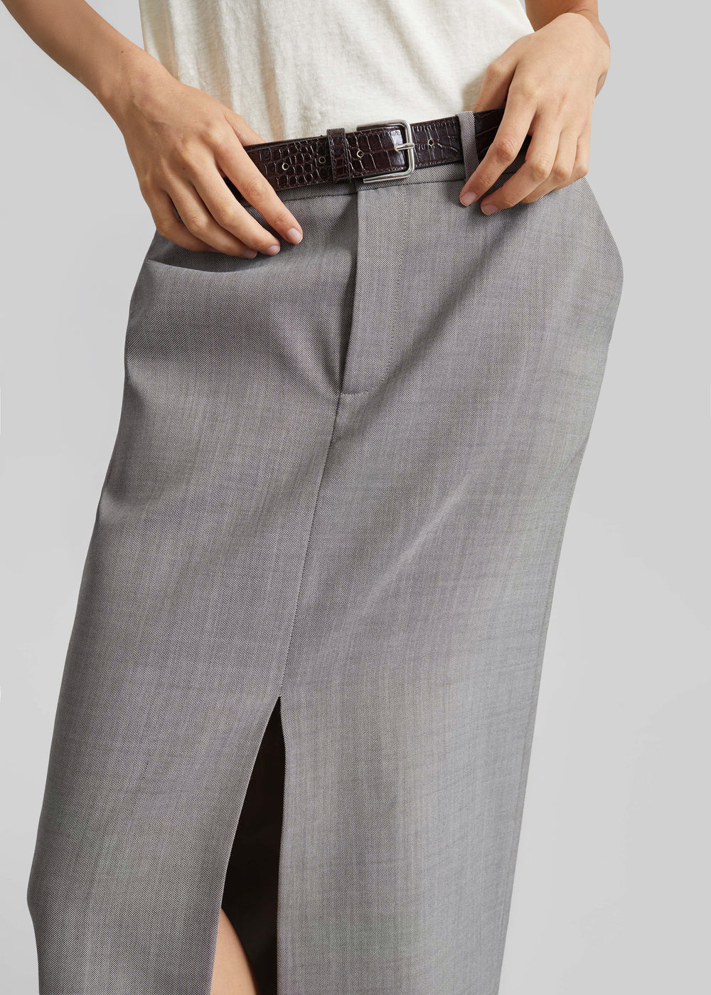 Maybelle Wool Front Slit Pencil Skirt - Light Taupe Melange - 1