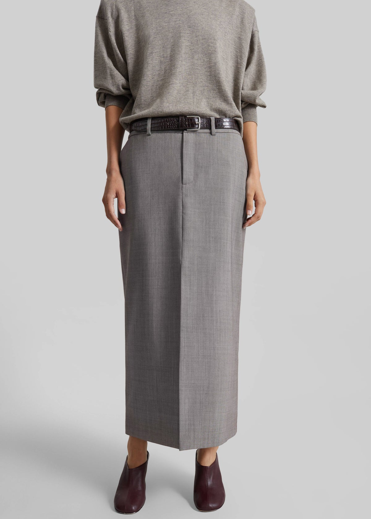 Maybelle Wool Front Slit Pencil Skirt - Light Taupe Melange