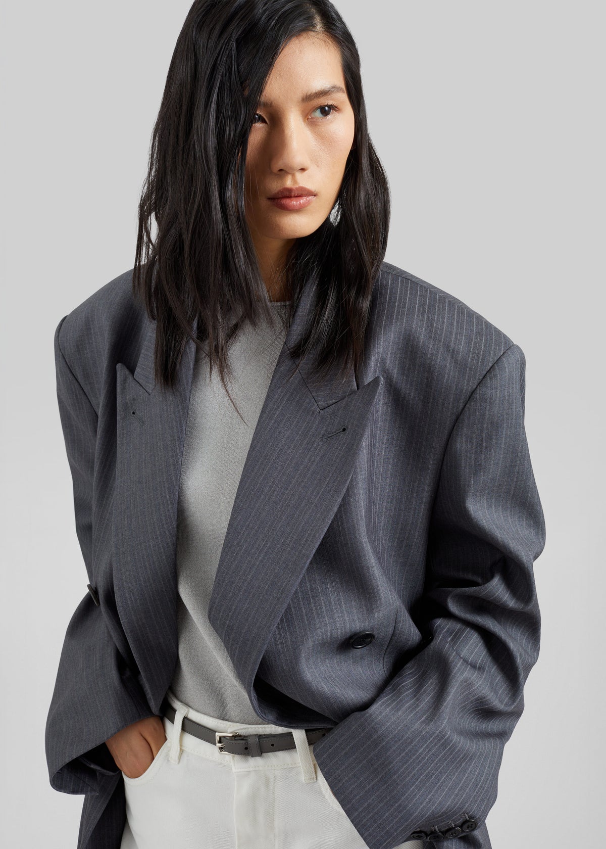 Mayfair Double Breasted Blazer - Grey/White Pinstripe