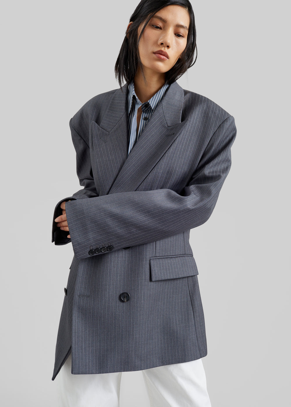 Mayfair Double Breasted Blazer - Grey/White Pinstripe - 1
