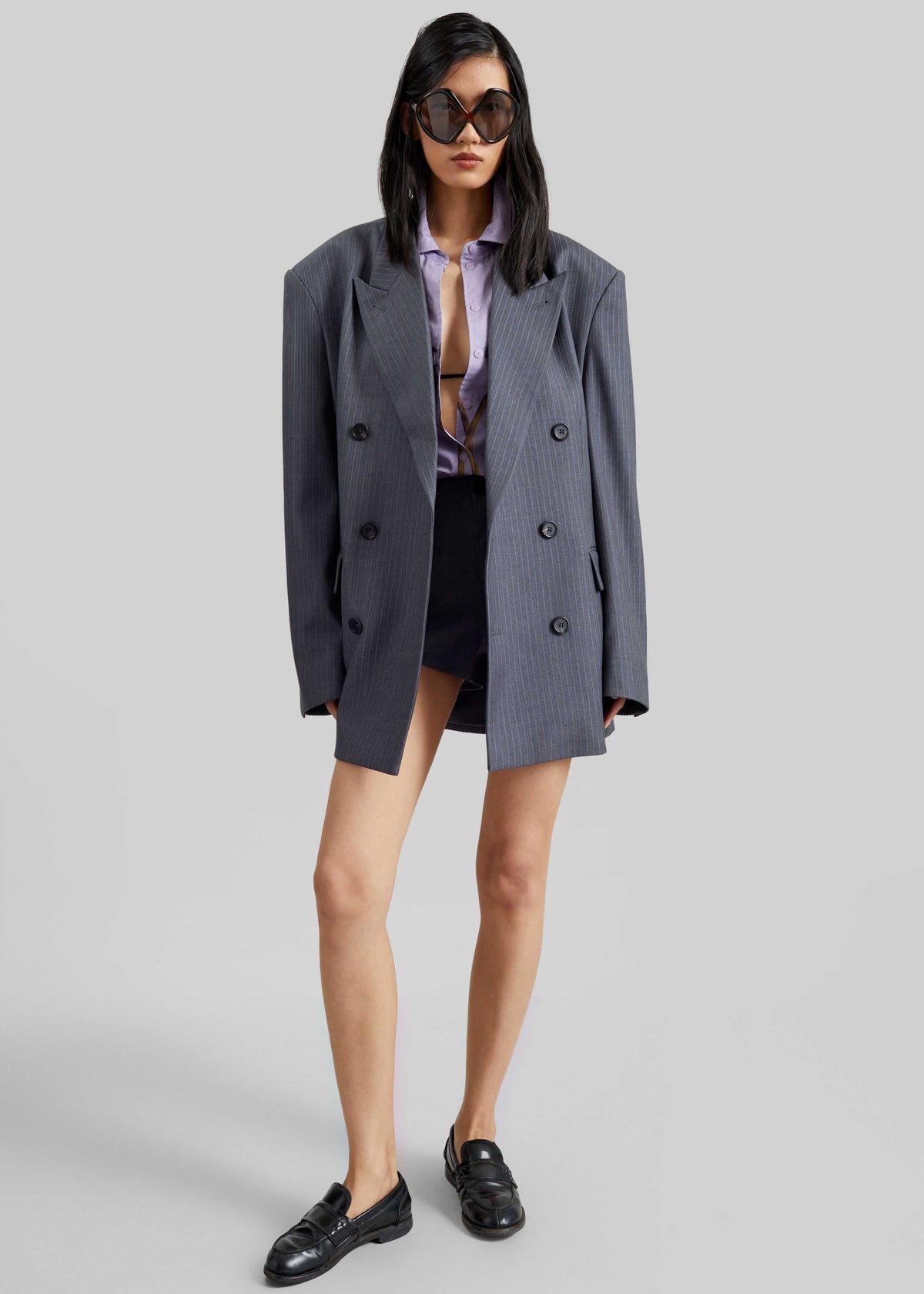 Mayfair Double Breasted Blazer - Grey/White Pinstripe