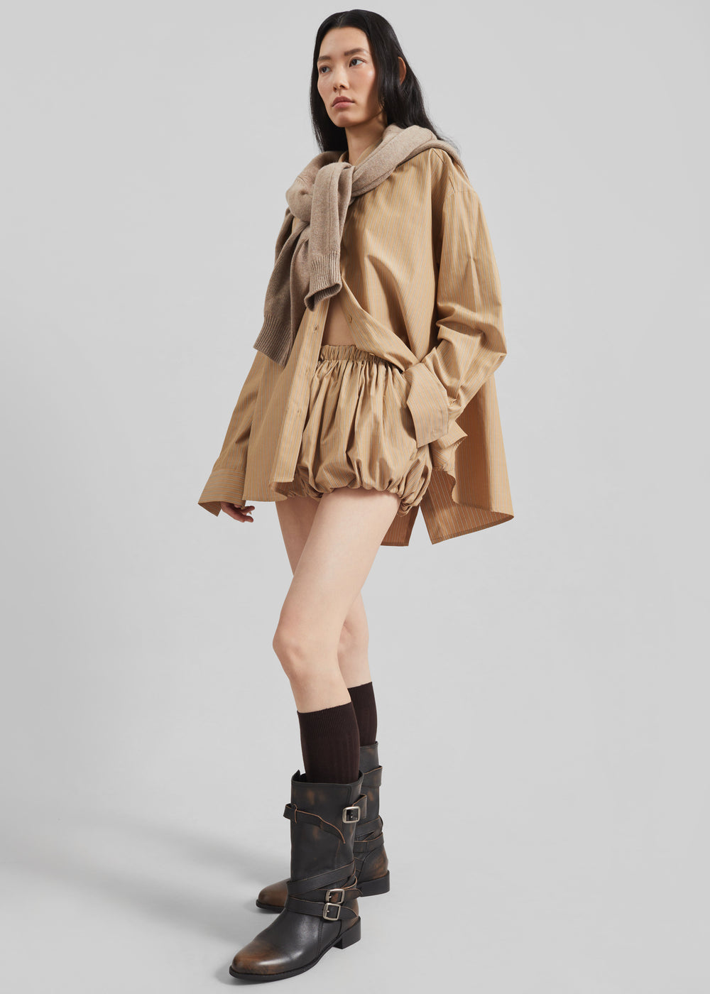 Medavy Bubble-Hem Shorts - Beige/White Stripe - 1