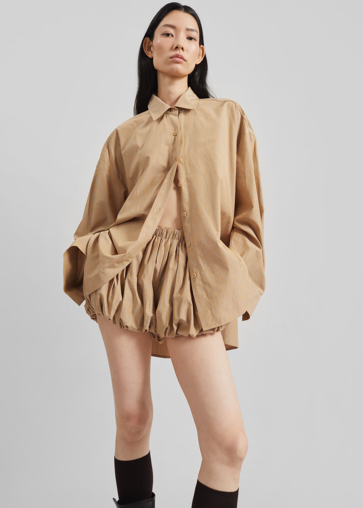 Medavy Bubble-Hem Shorts - Beige/White Stripe - 3