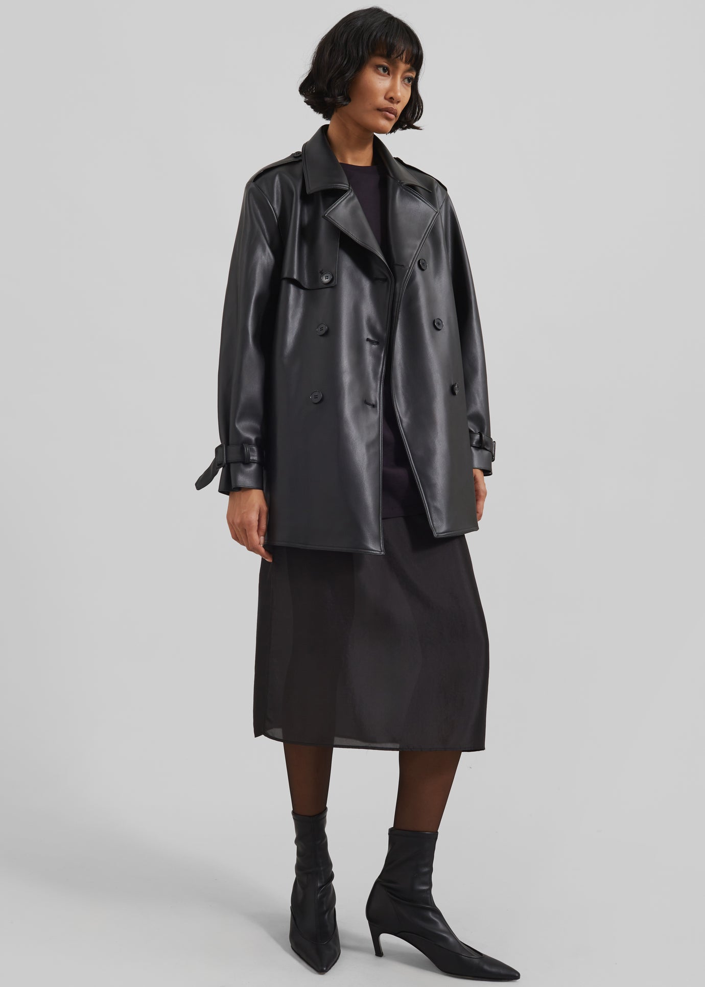 Medora Faux Leather Trench - Black - 1