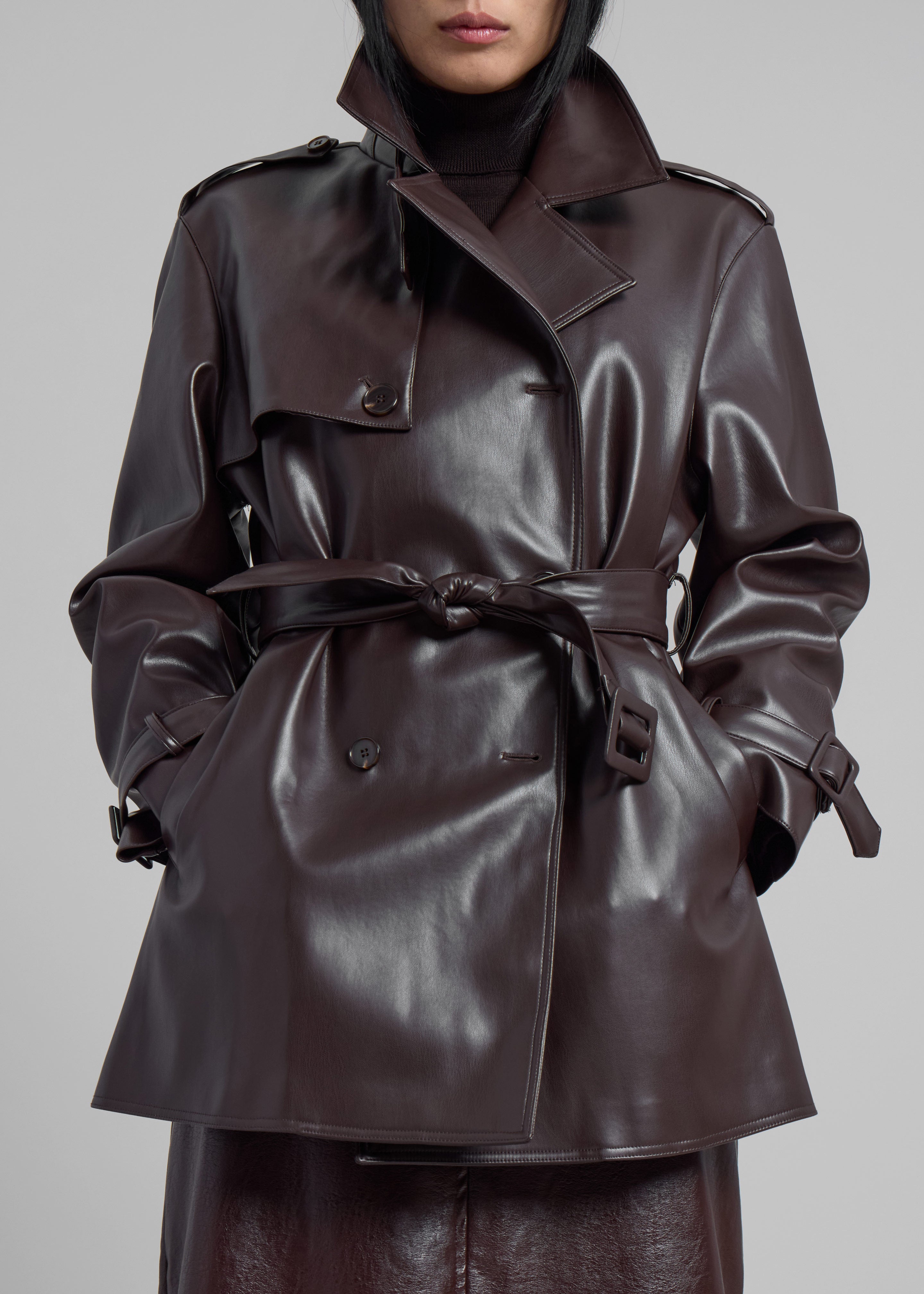 Medora Faux Leather Trench - Brown - 4