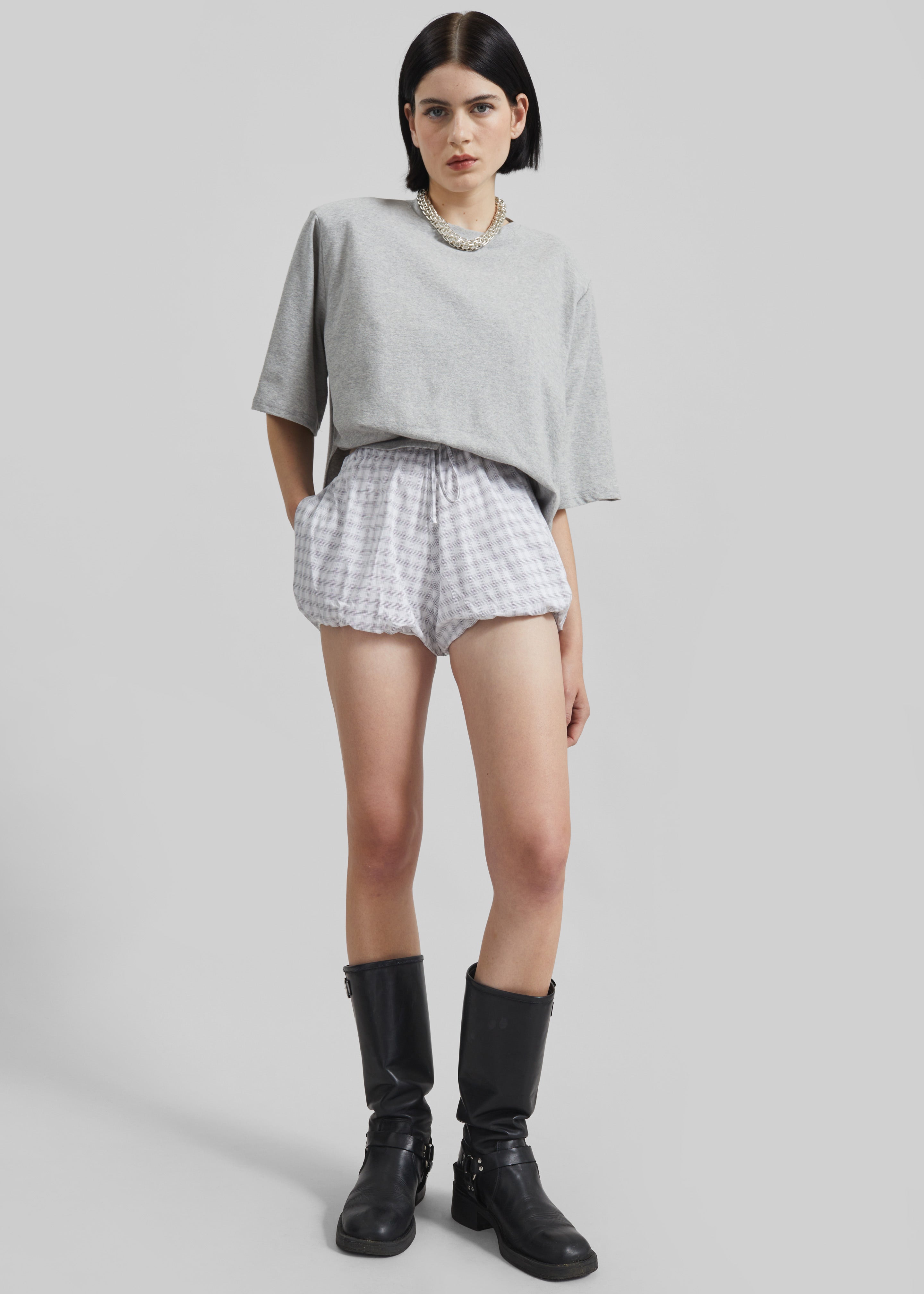Meg Mini Balloon Shorts - Checked White - 2