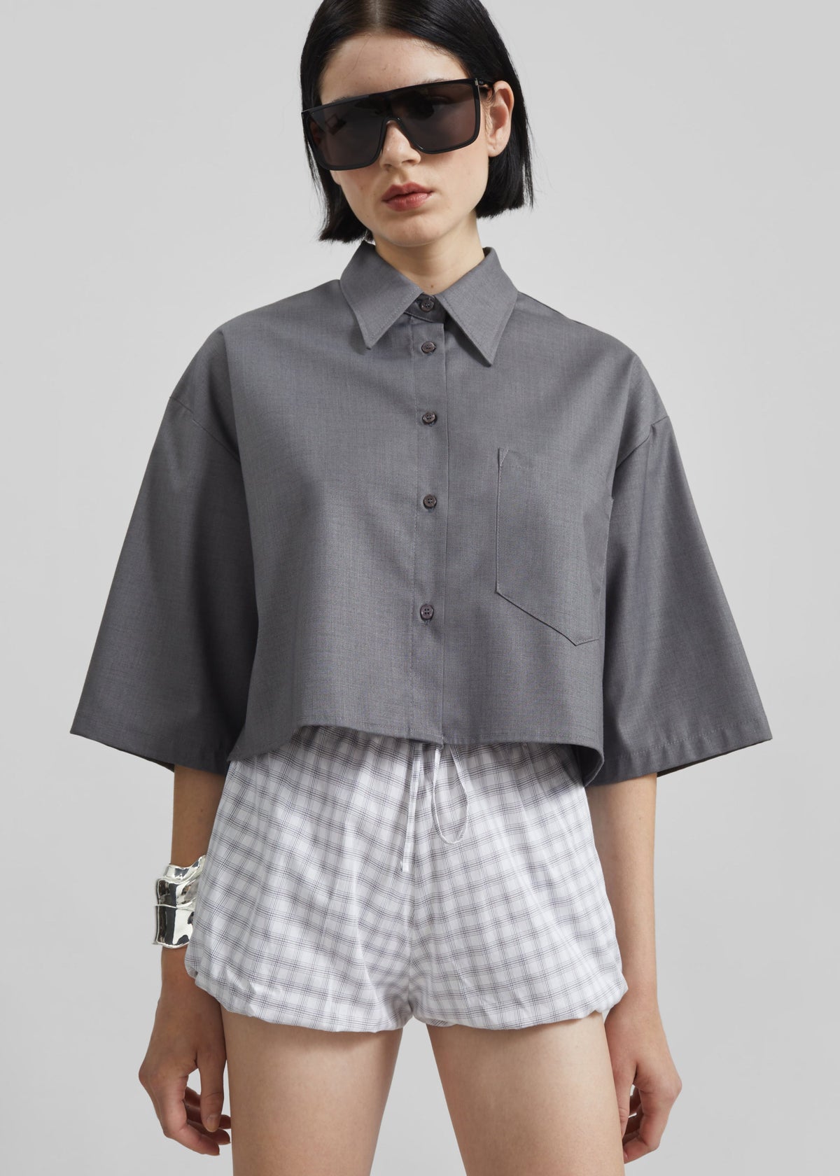 Meg Mini Balloon Shorts - Checked White - 3