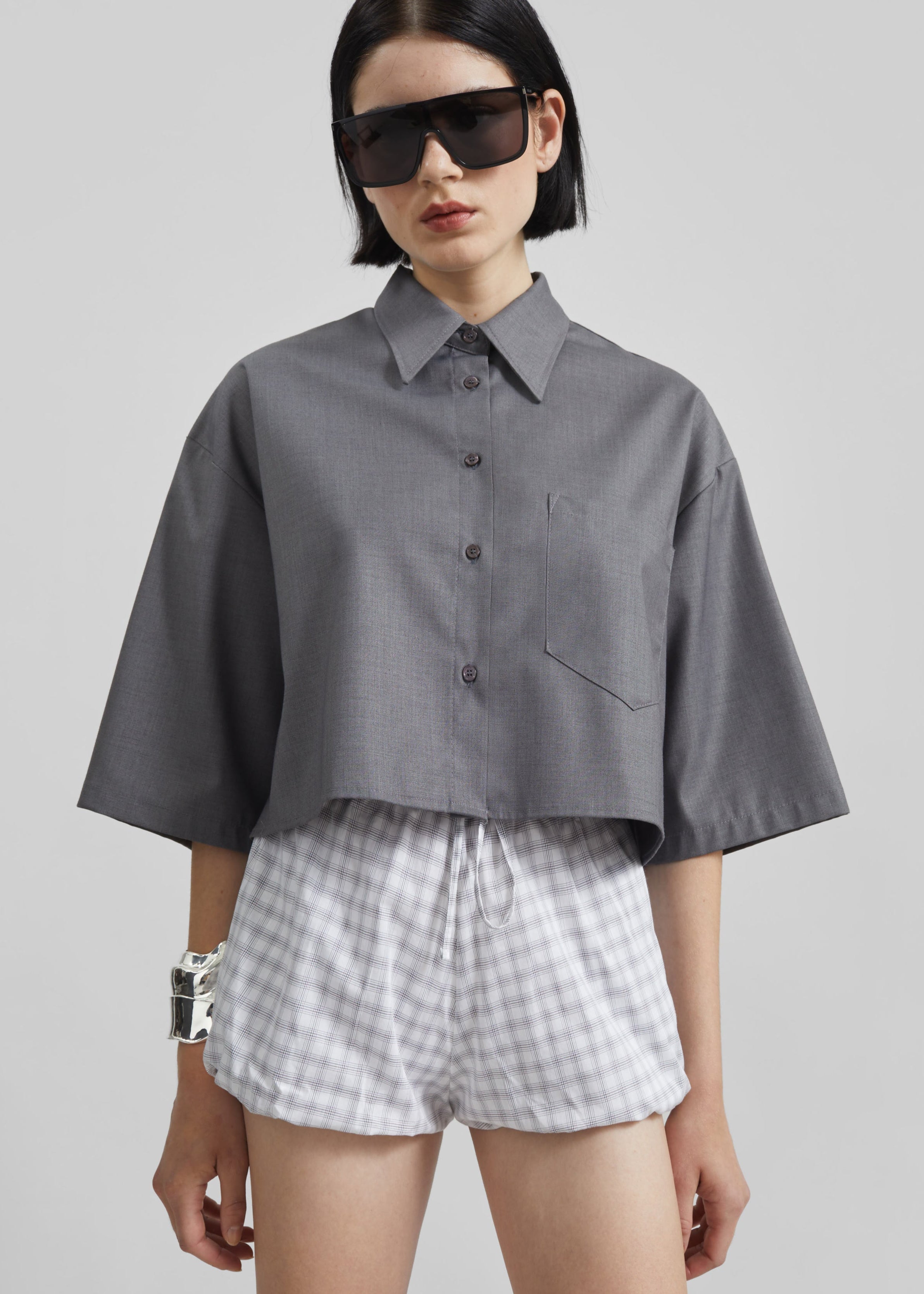 Meg Mini Balloon Shorts - Checked White - 3