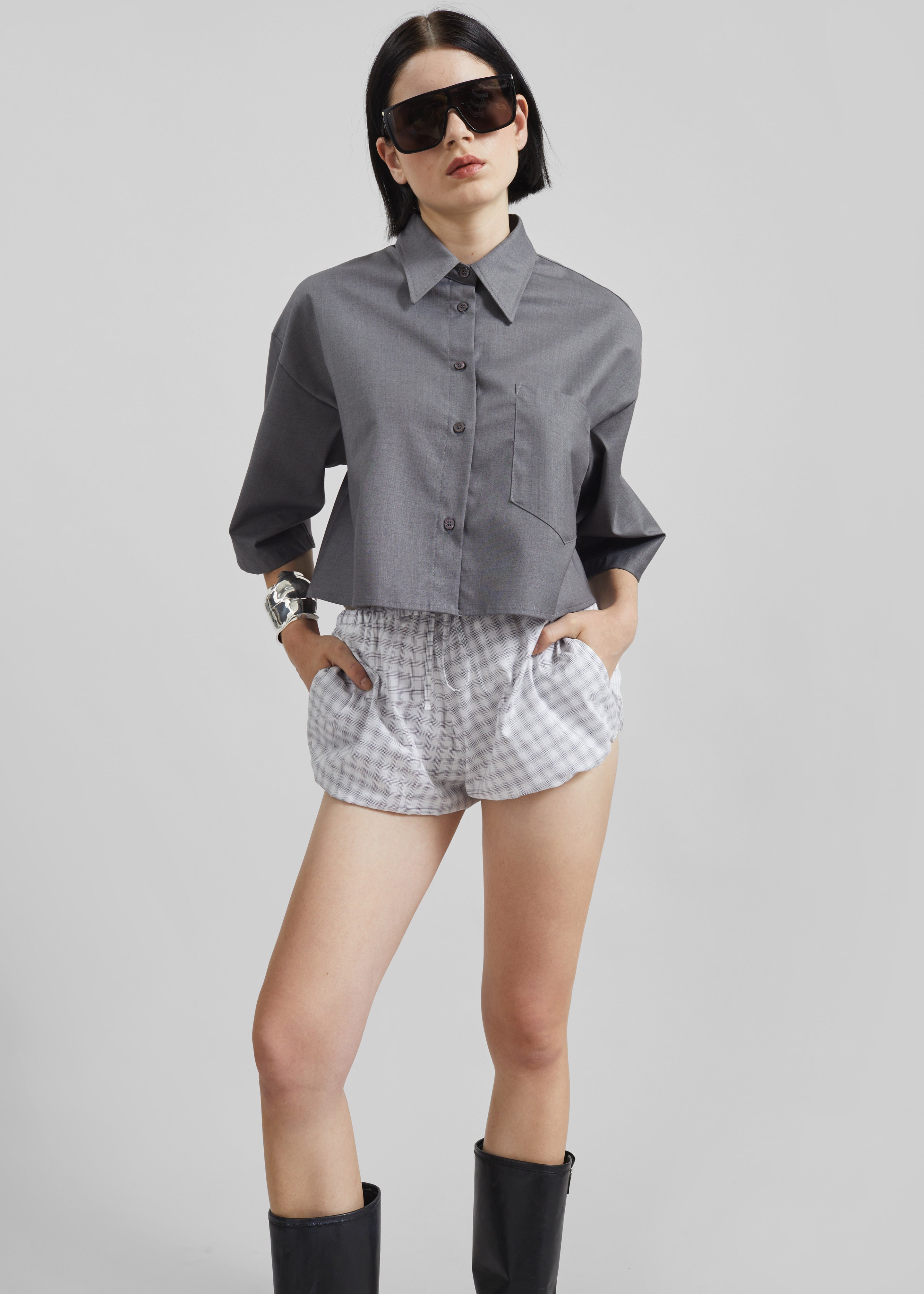 Meg Mini Balloon Shorts - Checked White - 6