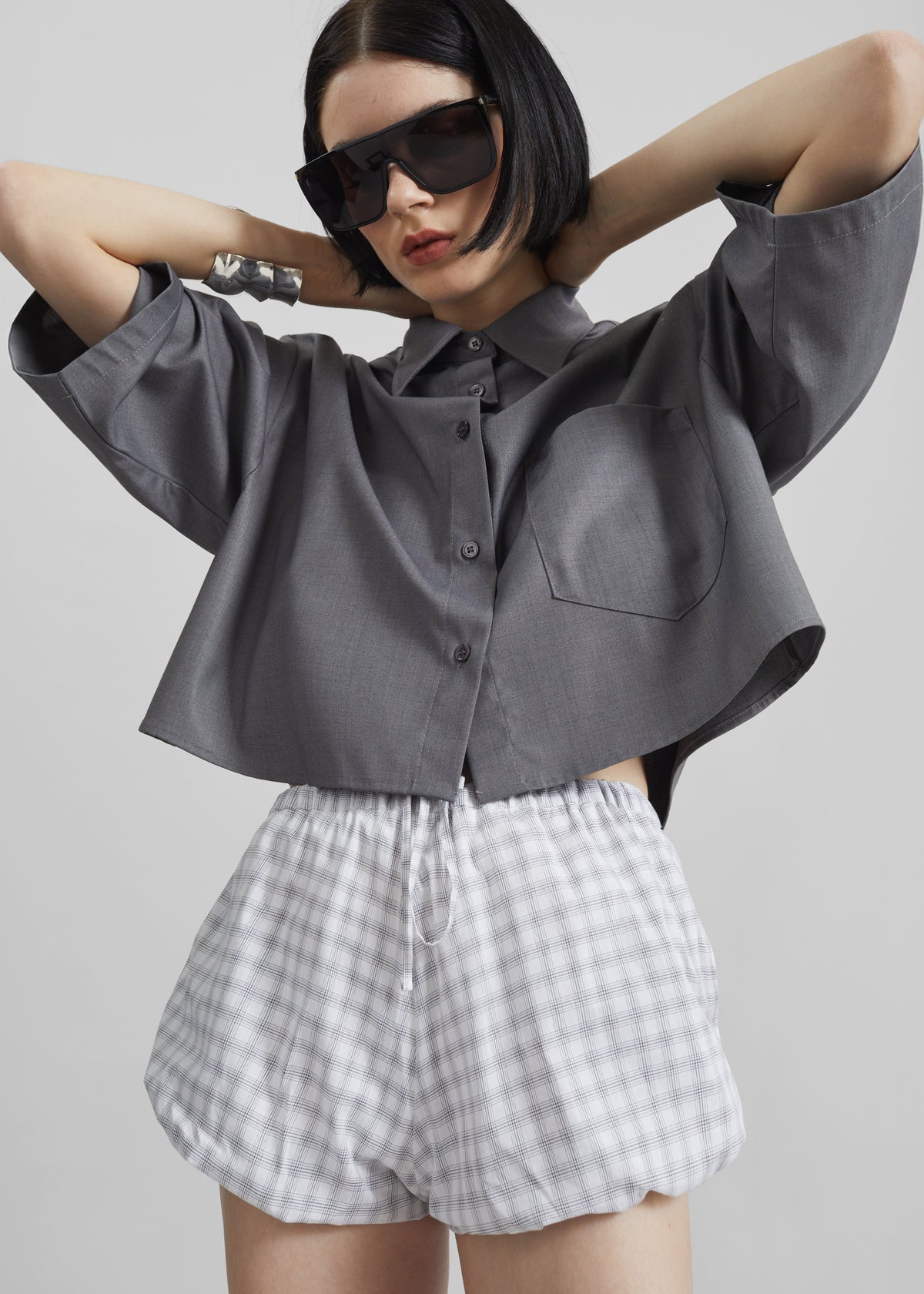 Meg Mini Balloon Shorts - Checked White - 5