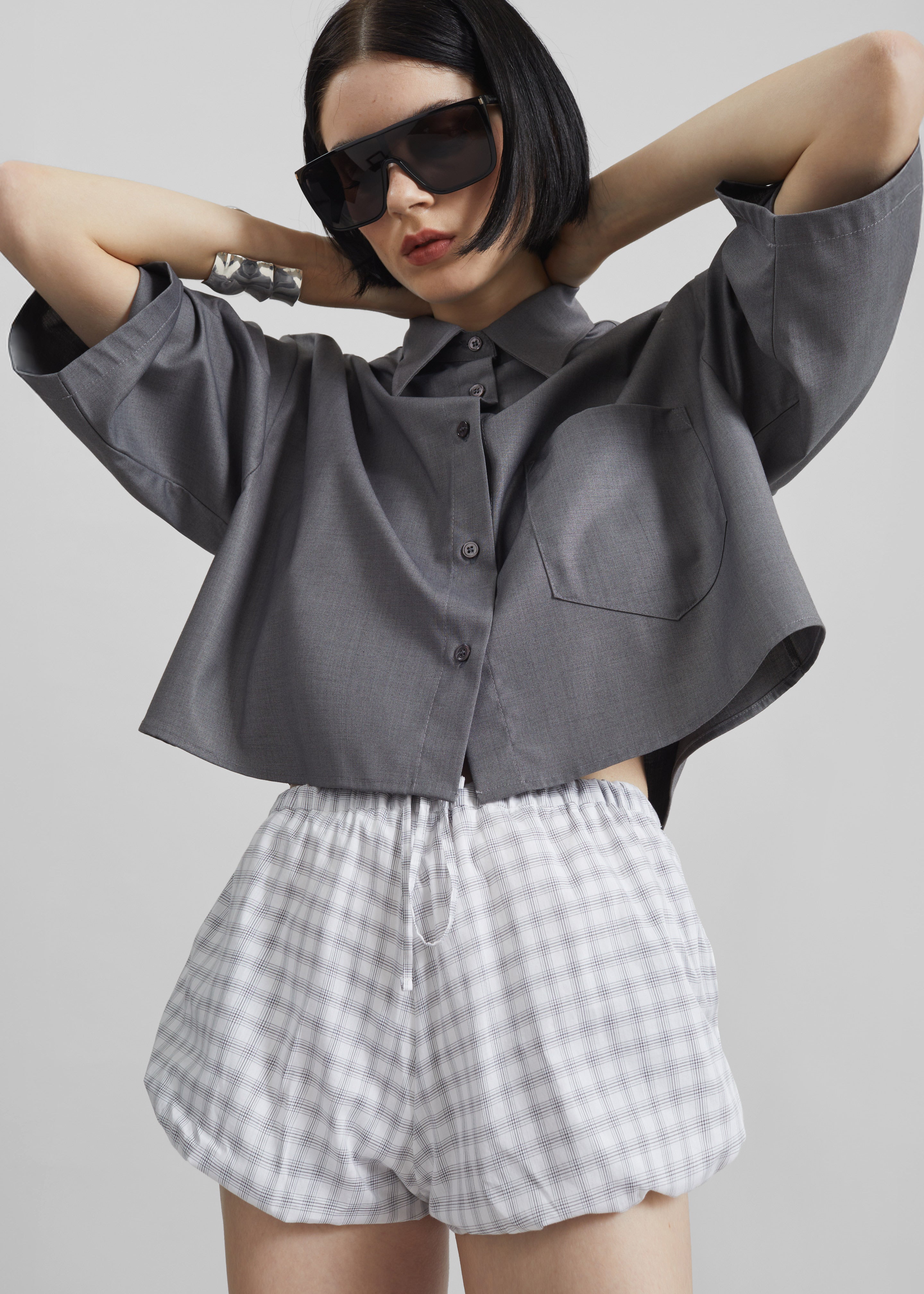 Meg Mini Balloon Shorts - Checked White - 5