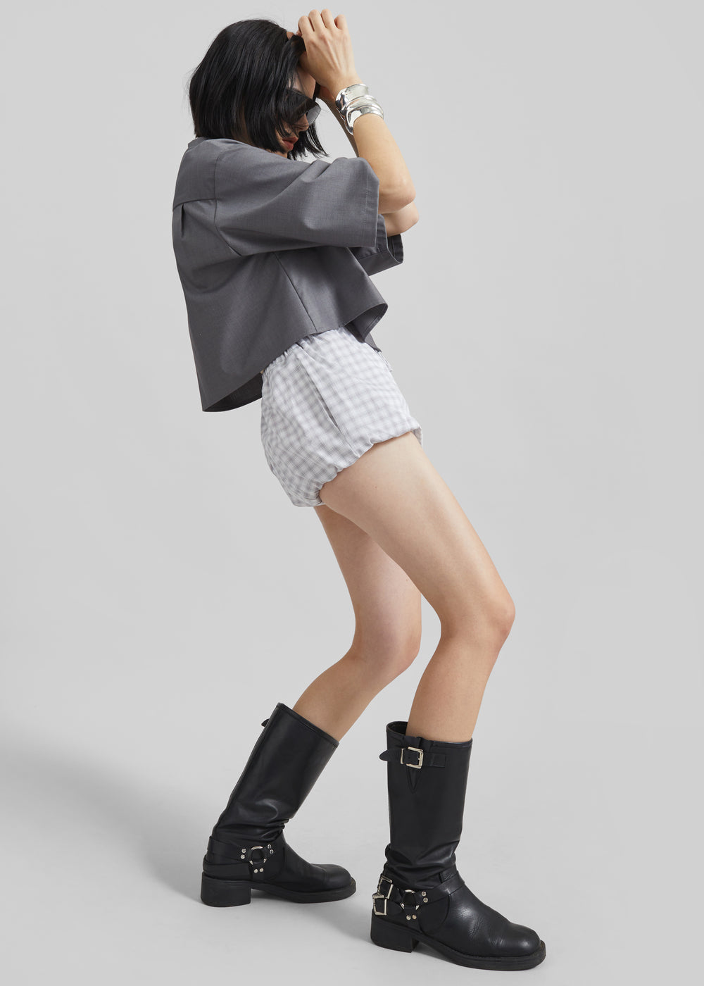 Meg Mini Balloon Shorts - Checked White