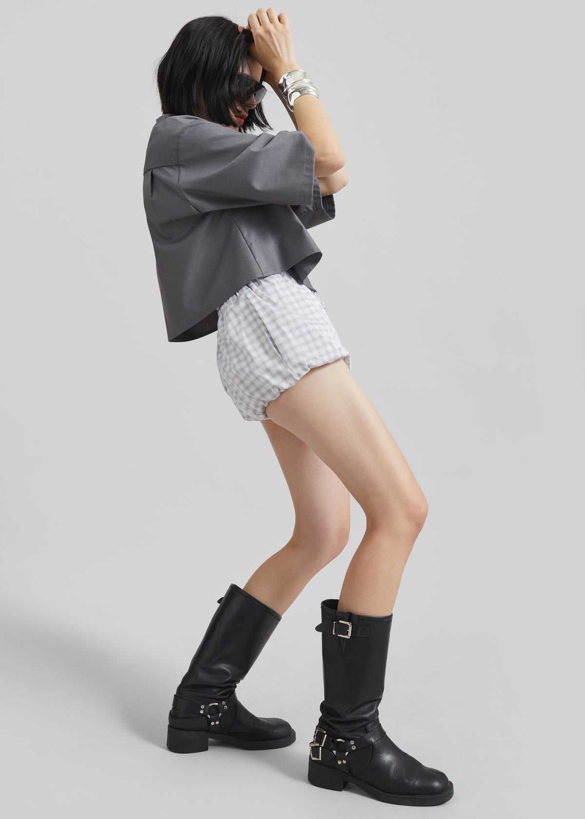 Meg Mini Balloon Shorts - Checked White - 1