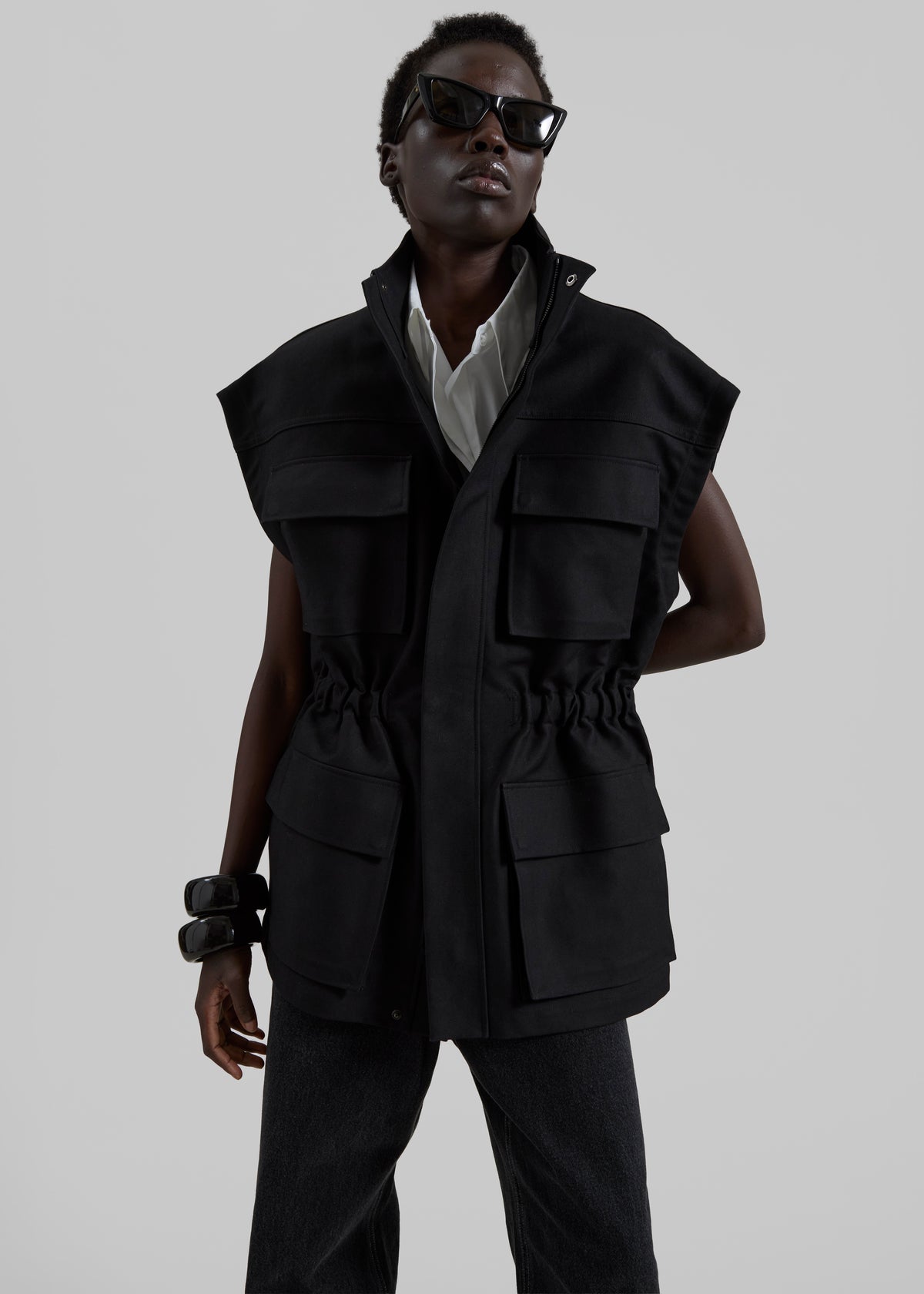 Melton Detachable Sleeve Cargo Jacket - Black - 1