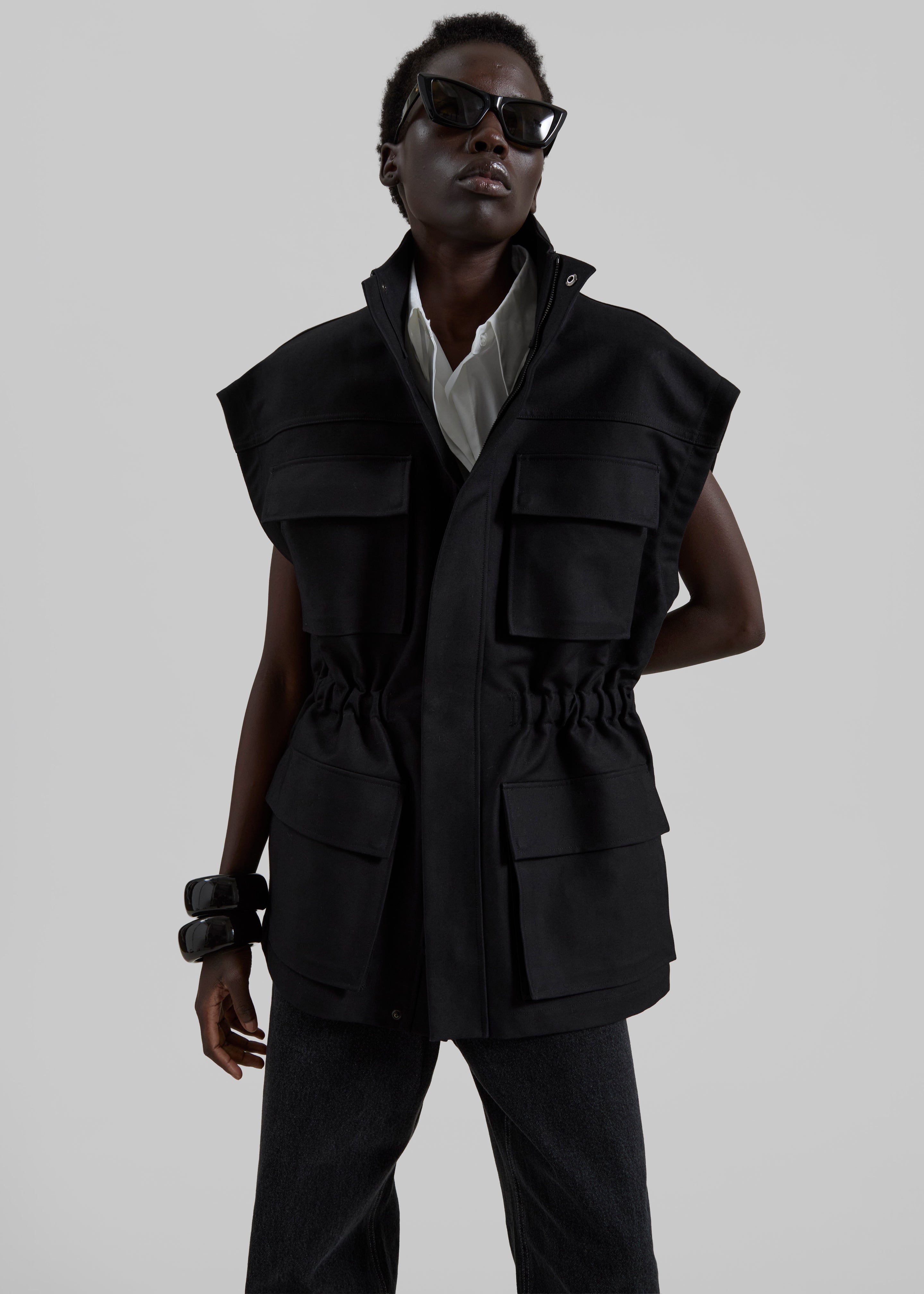 Melton Detachable Sleeve Cargo Jacket - Black - 1