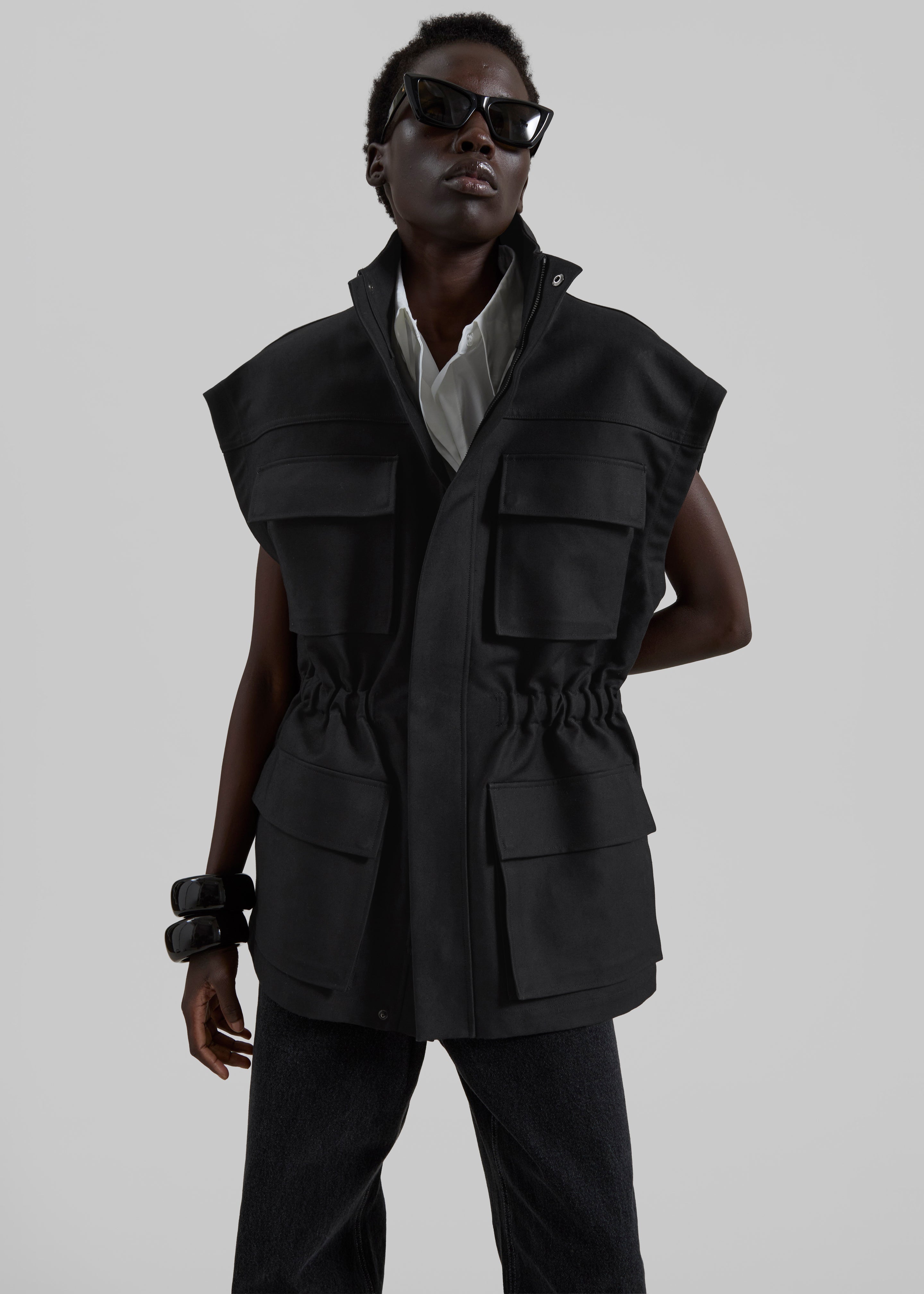 Melton Detachable Sleeve Cargo Jacket - Black - 1