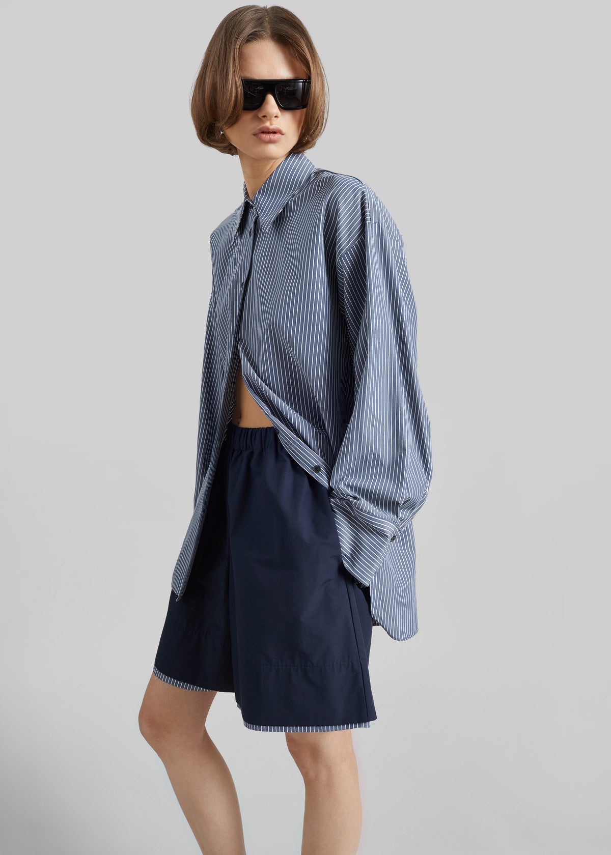 Menton Layered Hem Shorts - Navy/White Stripe - 1
