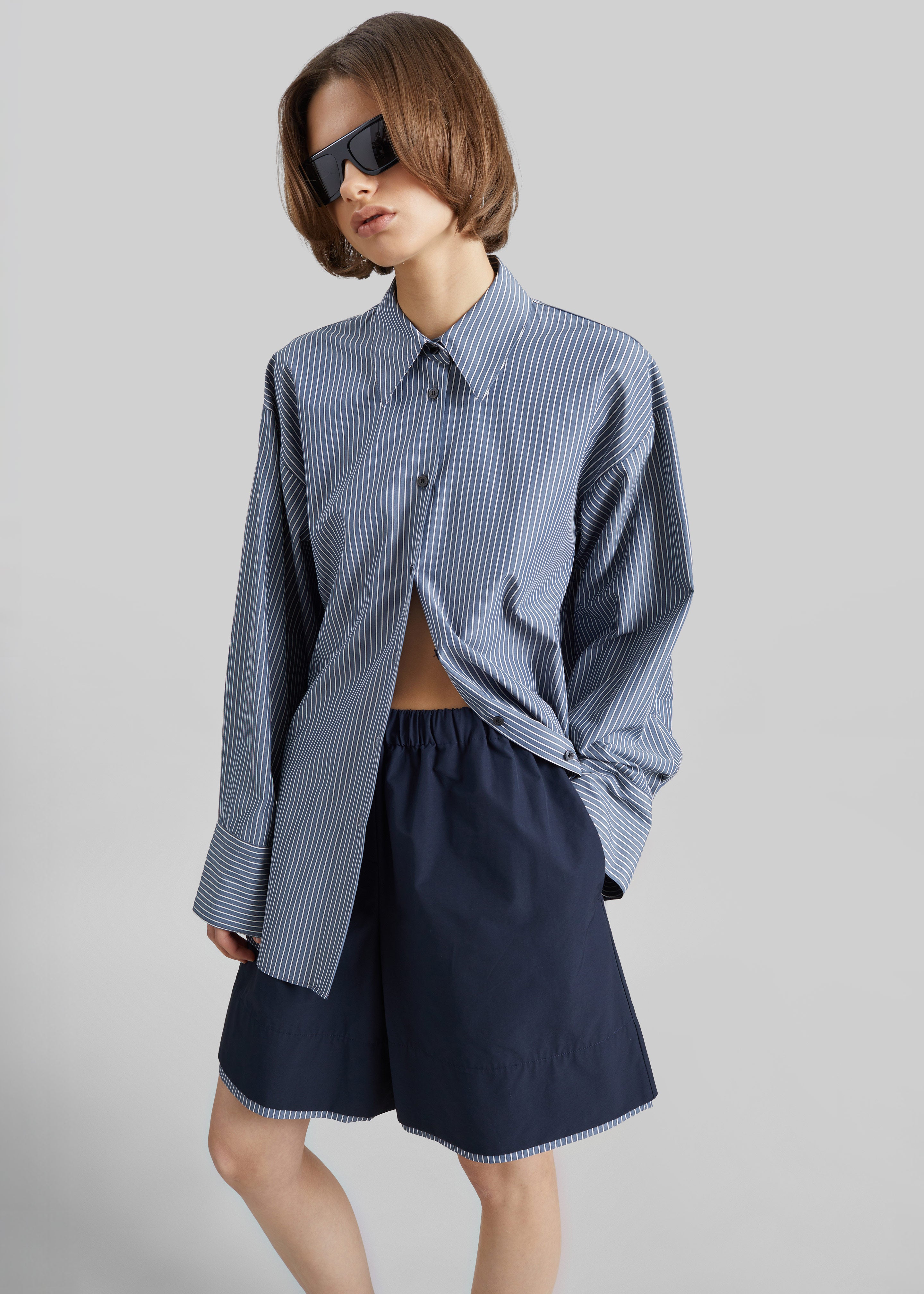 Menton Layered Hem Shorts - Navy/White Stripe - 5