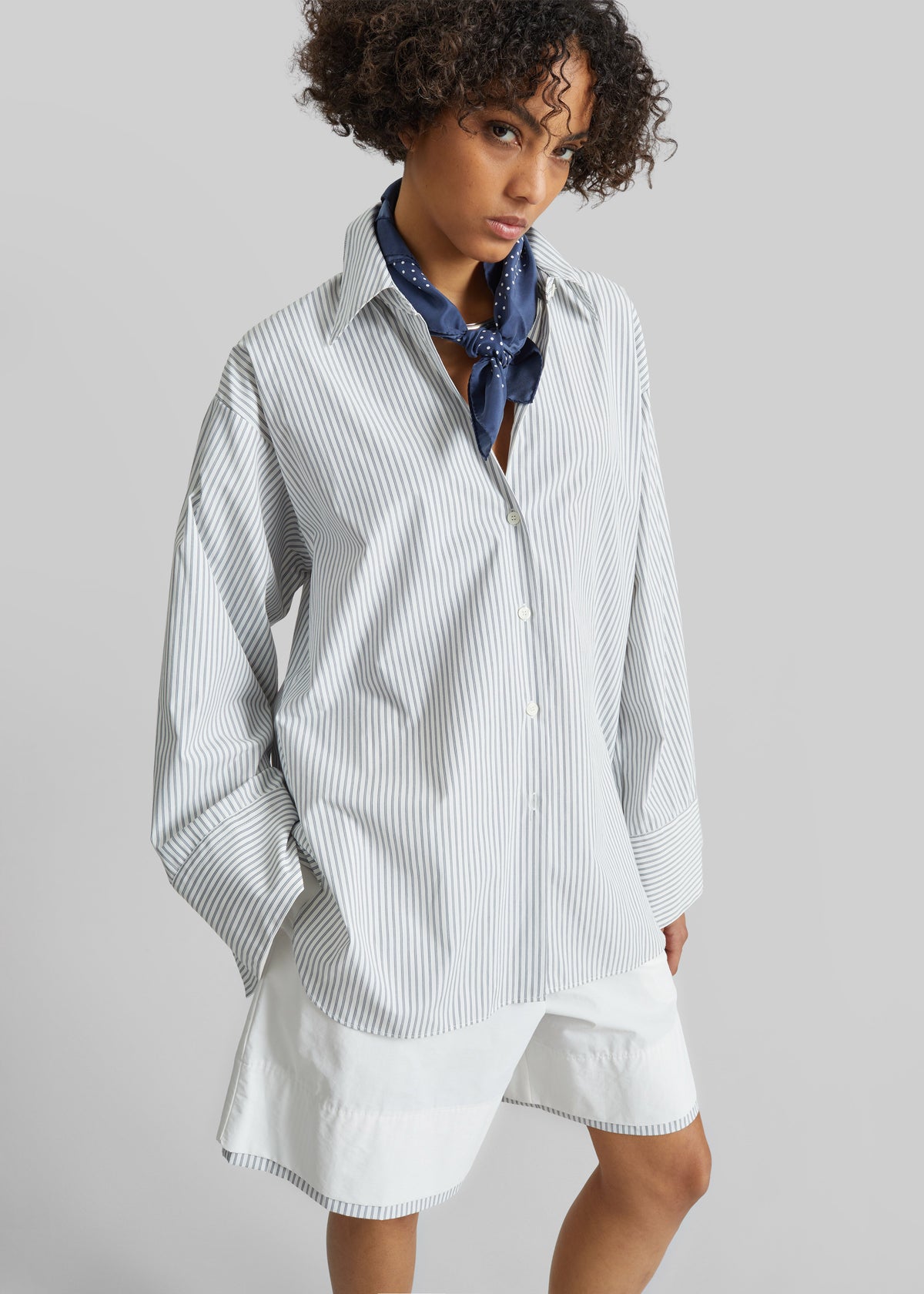 Menton Layered Hem Shorts - White/Blue Stripe - 6