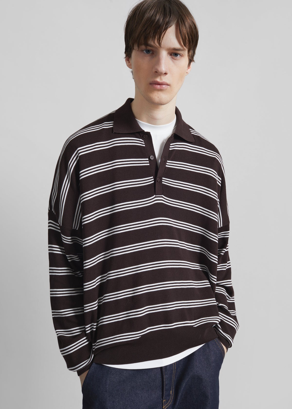 Meriel Polo Sweater - Brown/White Stripe - 1