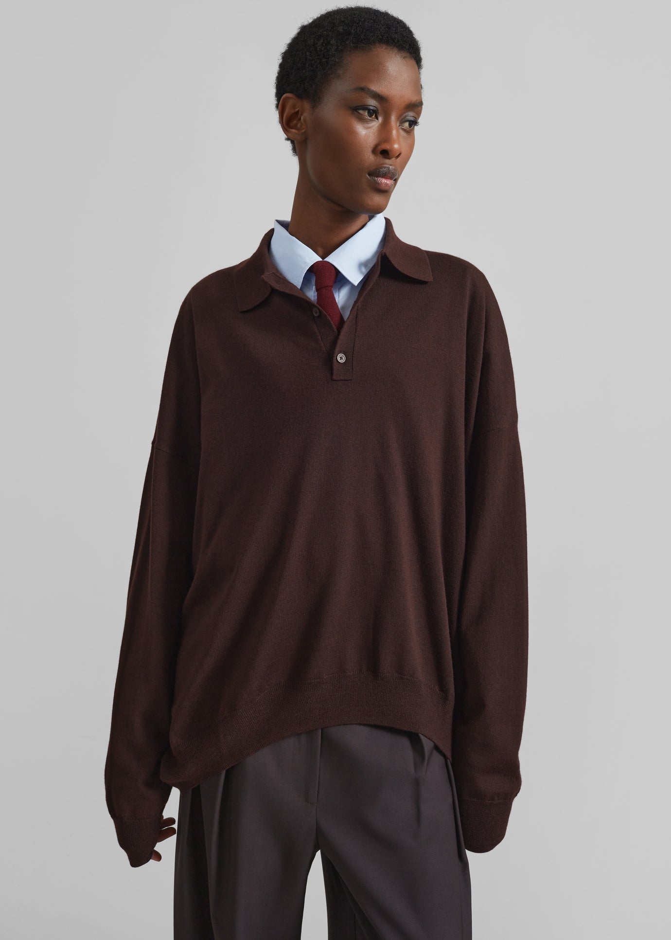 Meriel Wool Polo Sweater - Chocolate Plum - 1