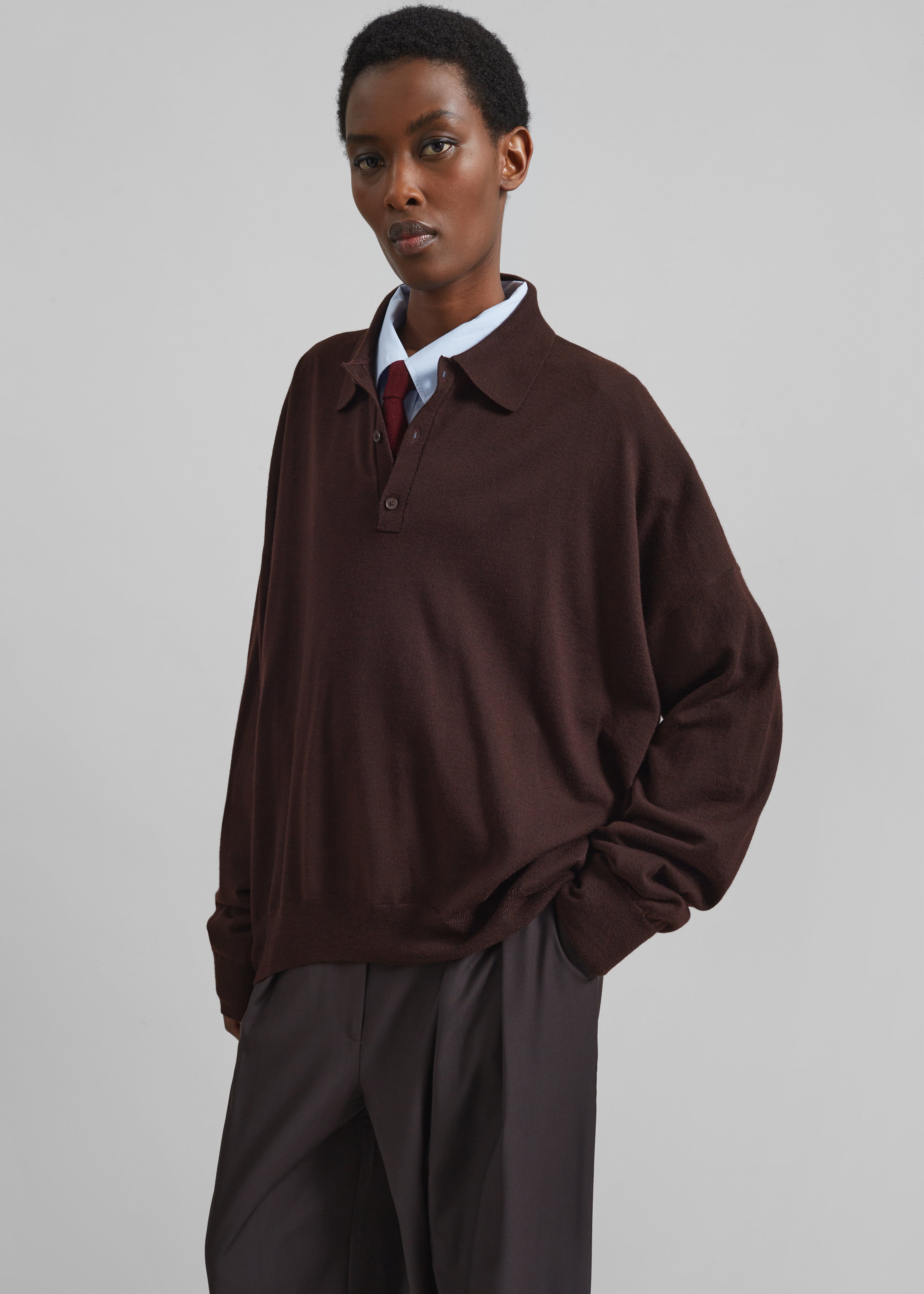 Meriel Wool Polo Sweater - Chocolate Plum - 17