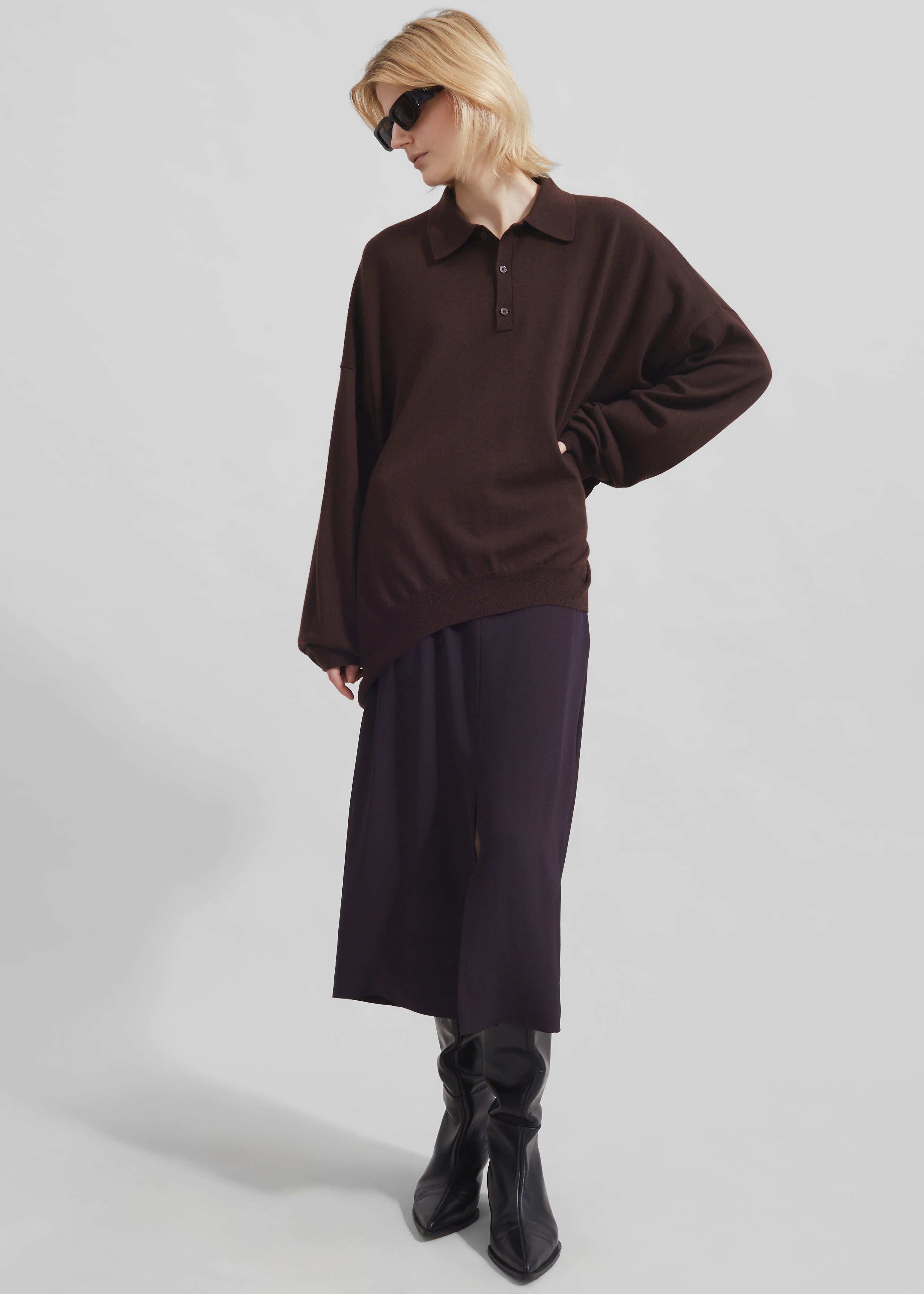 Meriel Wool Polo Sweater - Chocolate Plum - 9