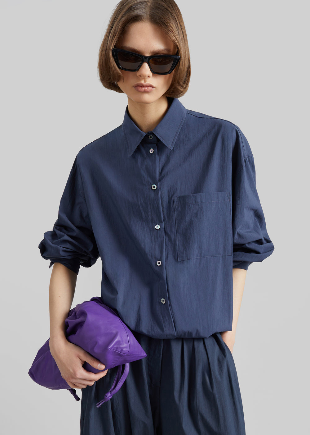 Mery Elastic Hem Shirt - Navy