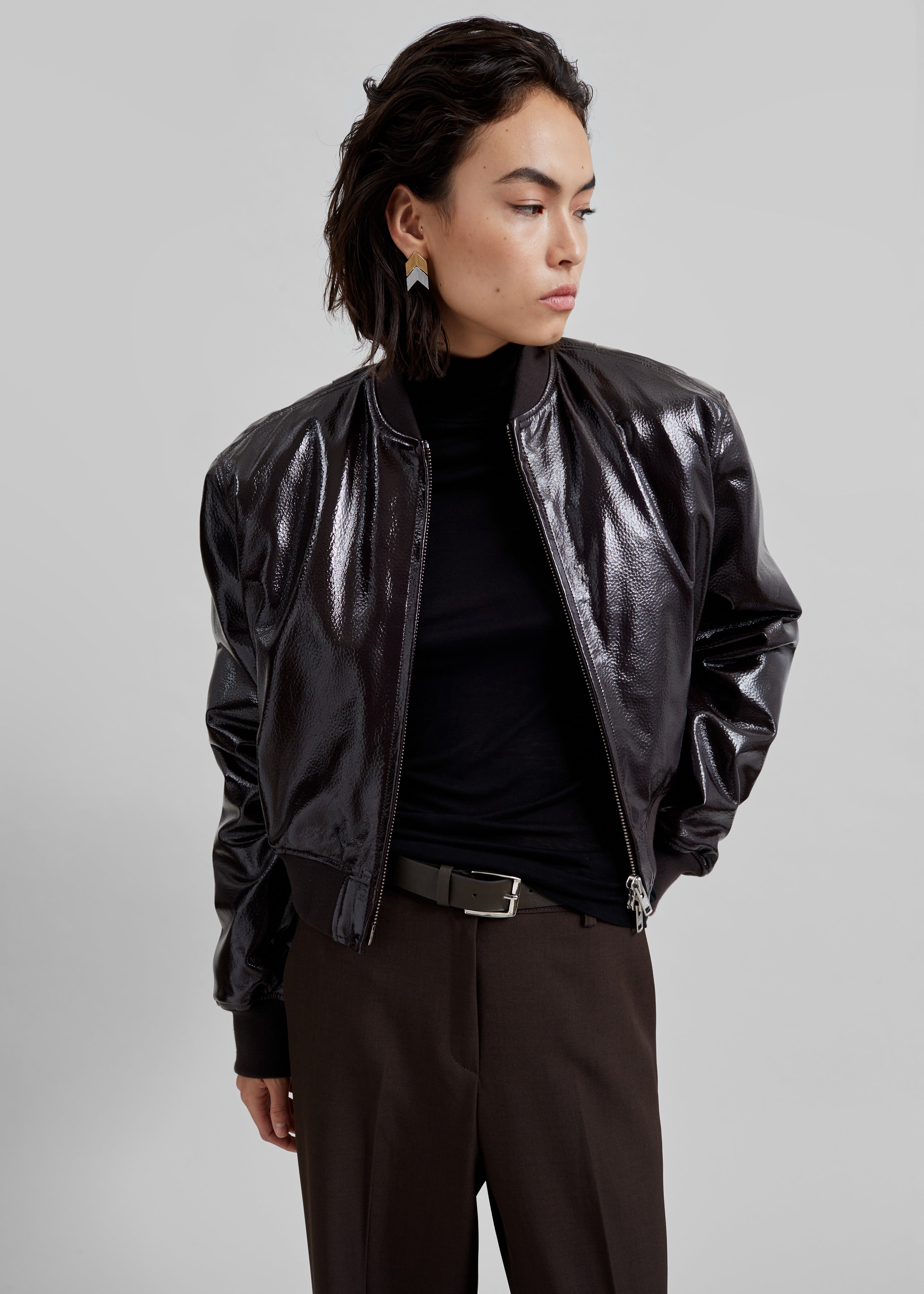 Micky Crackled Faux Leather Cropped Bomber - Dark Brown - 1