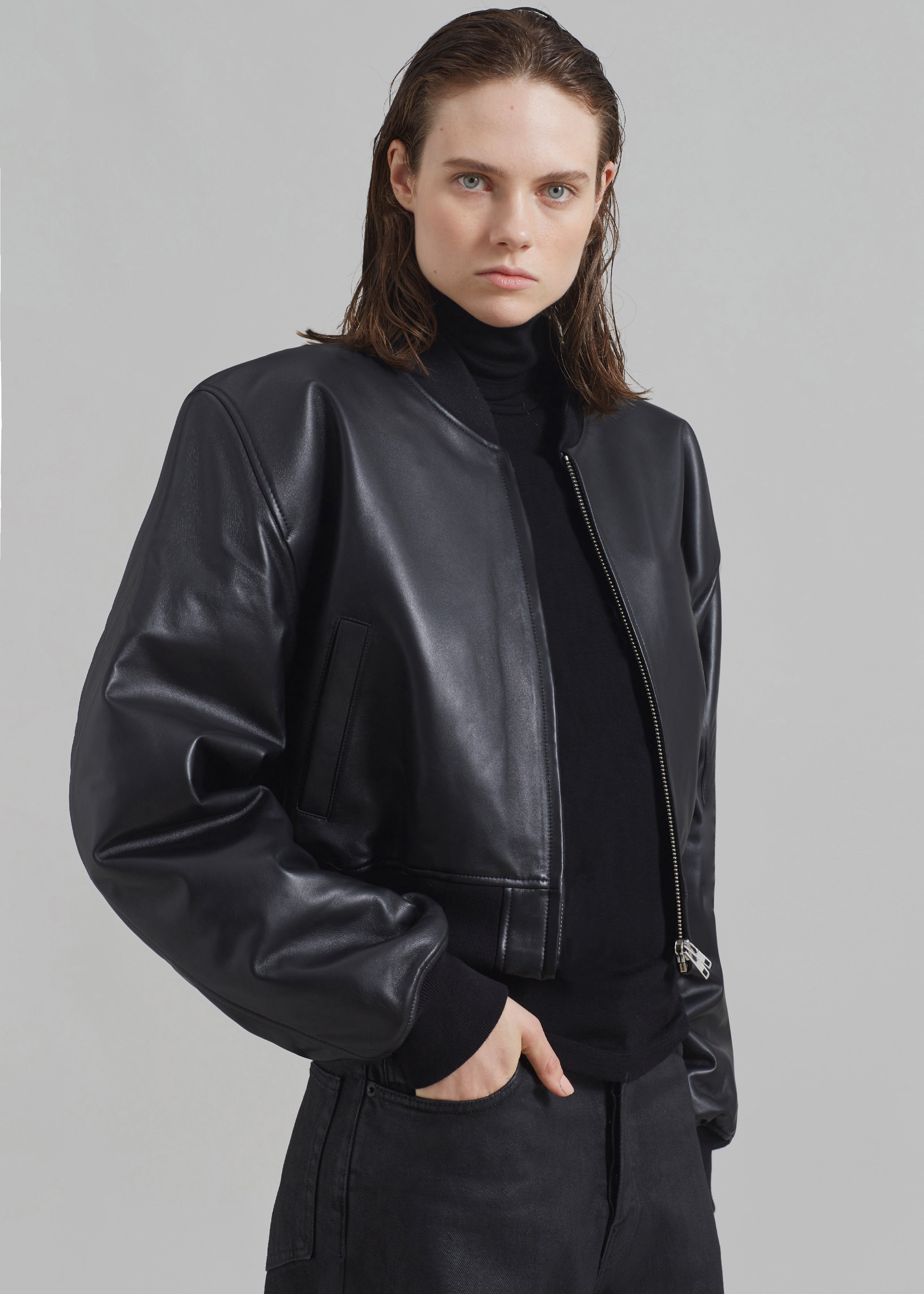 Micky Faux Leather Cropped Bomber - Black – The Frankie Shop