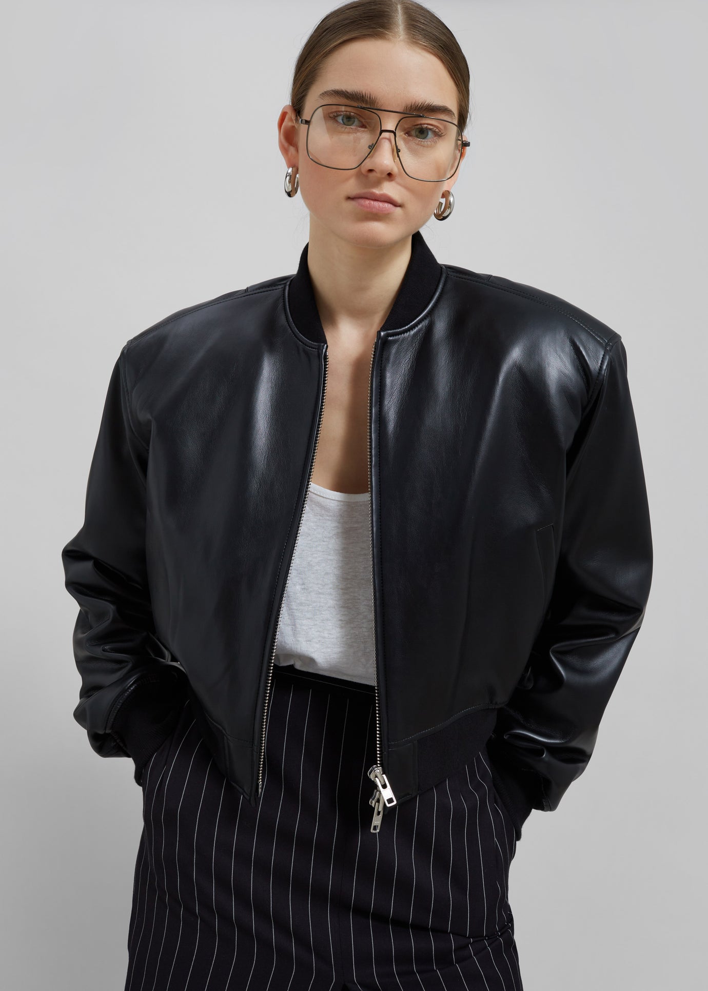 Micky Faux Leather Cropped Bomber - Black