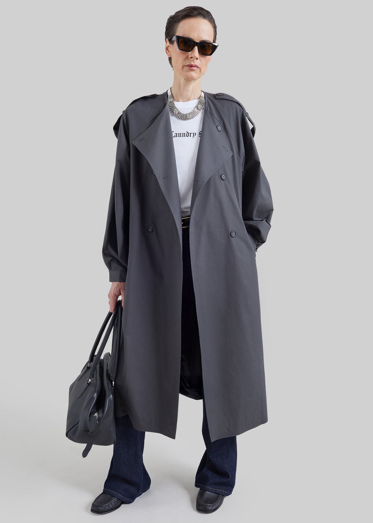 Mila Collarless Trench Coat - Charcoal