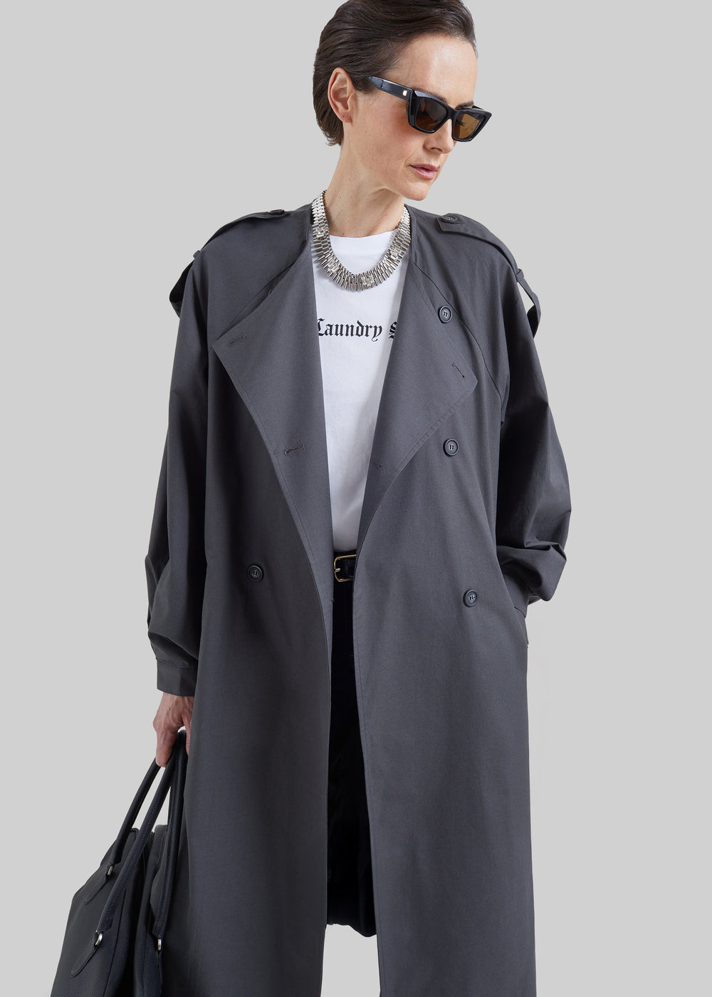 Mila Collarless Trench Coat - Charcoal - 1