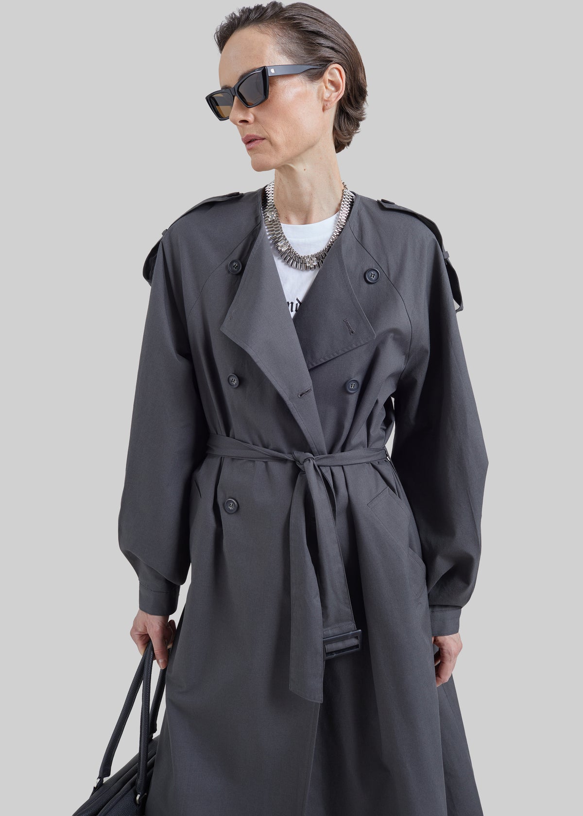 Mila Collarless Trench Coat - Charcoal