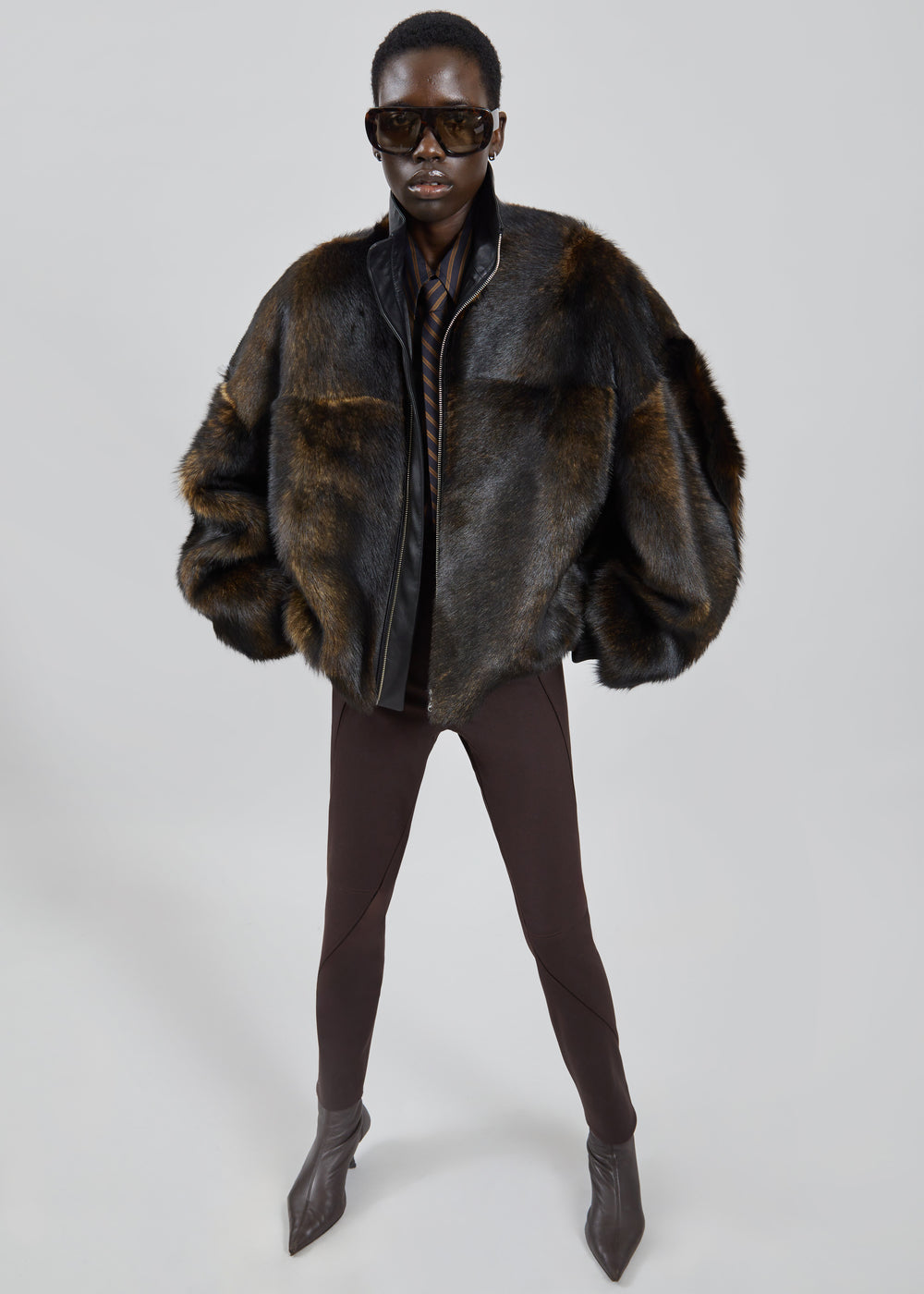 Milano Fur Bomber Jacket - Dark Brown - 1