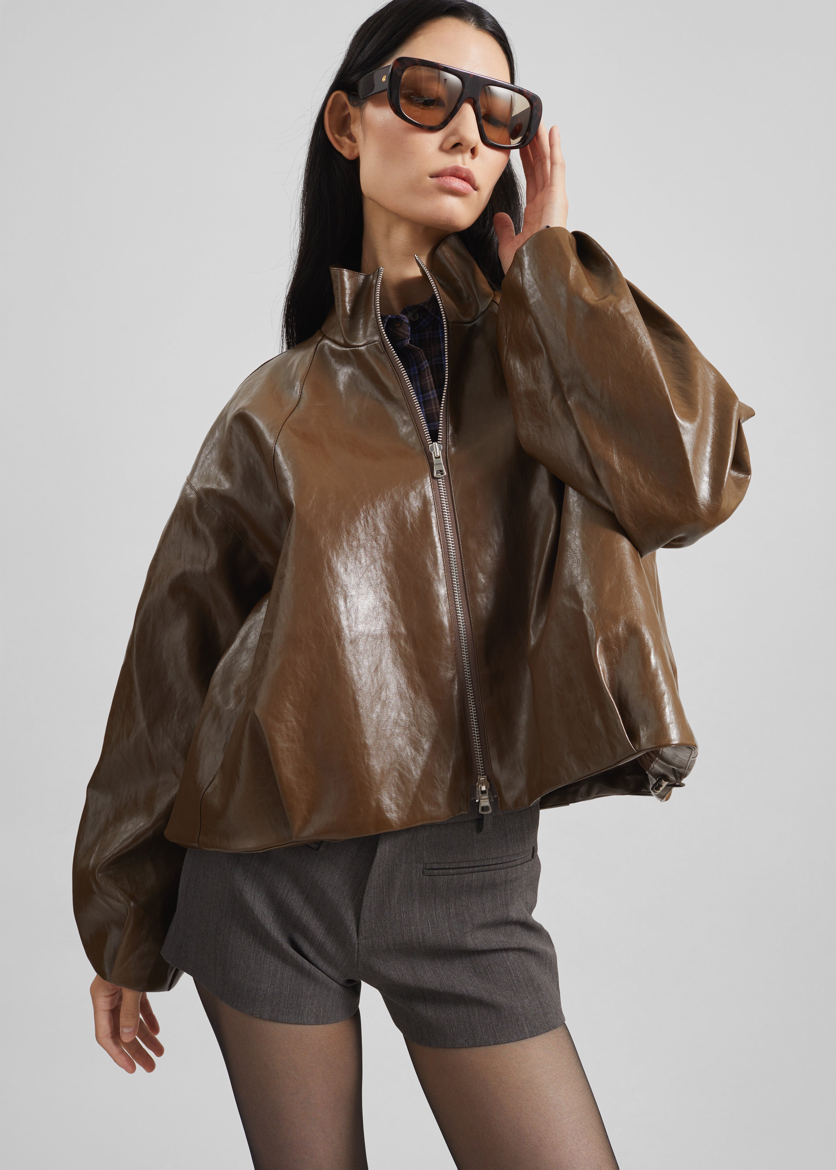 Milford Faux Leather Balloon Jacket - Brown - 4