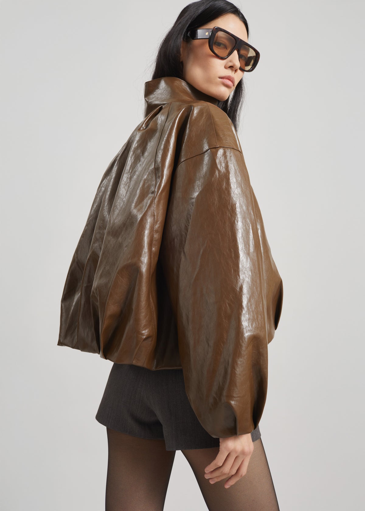 Milford Faux Leather Balloon Jacket - Brown - 5