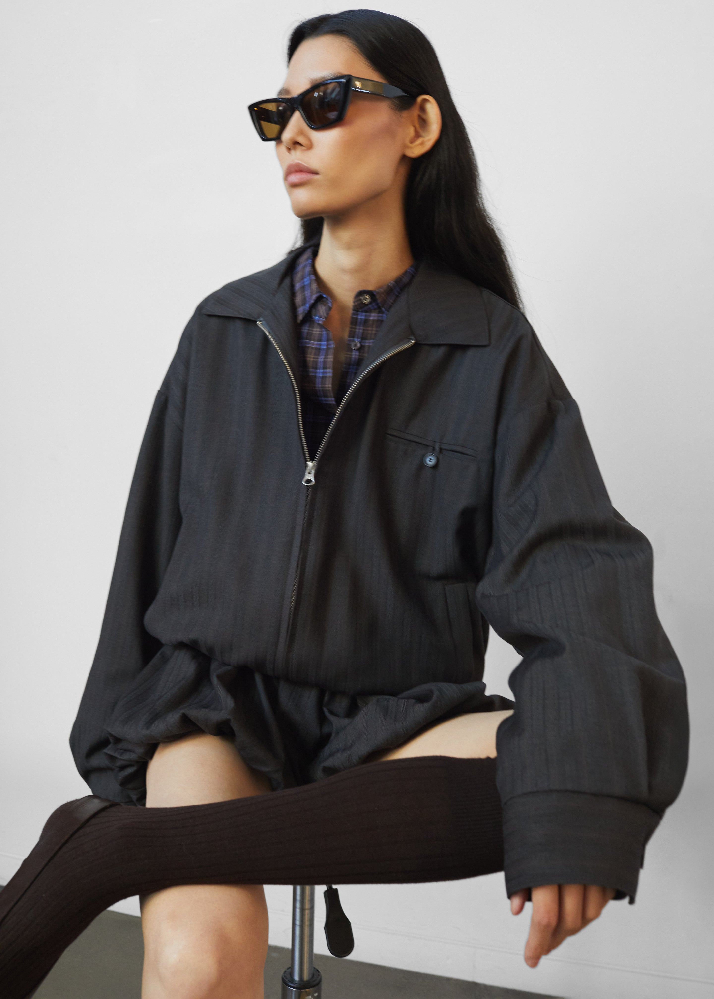Minori Blouson Jacket - Charcoal/White Pinstripe – The Frankie Shop Minori Blouson Jacket - Charcoal/White Pinstripe – The Frankie Shop
