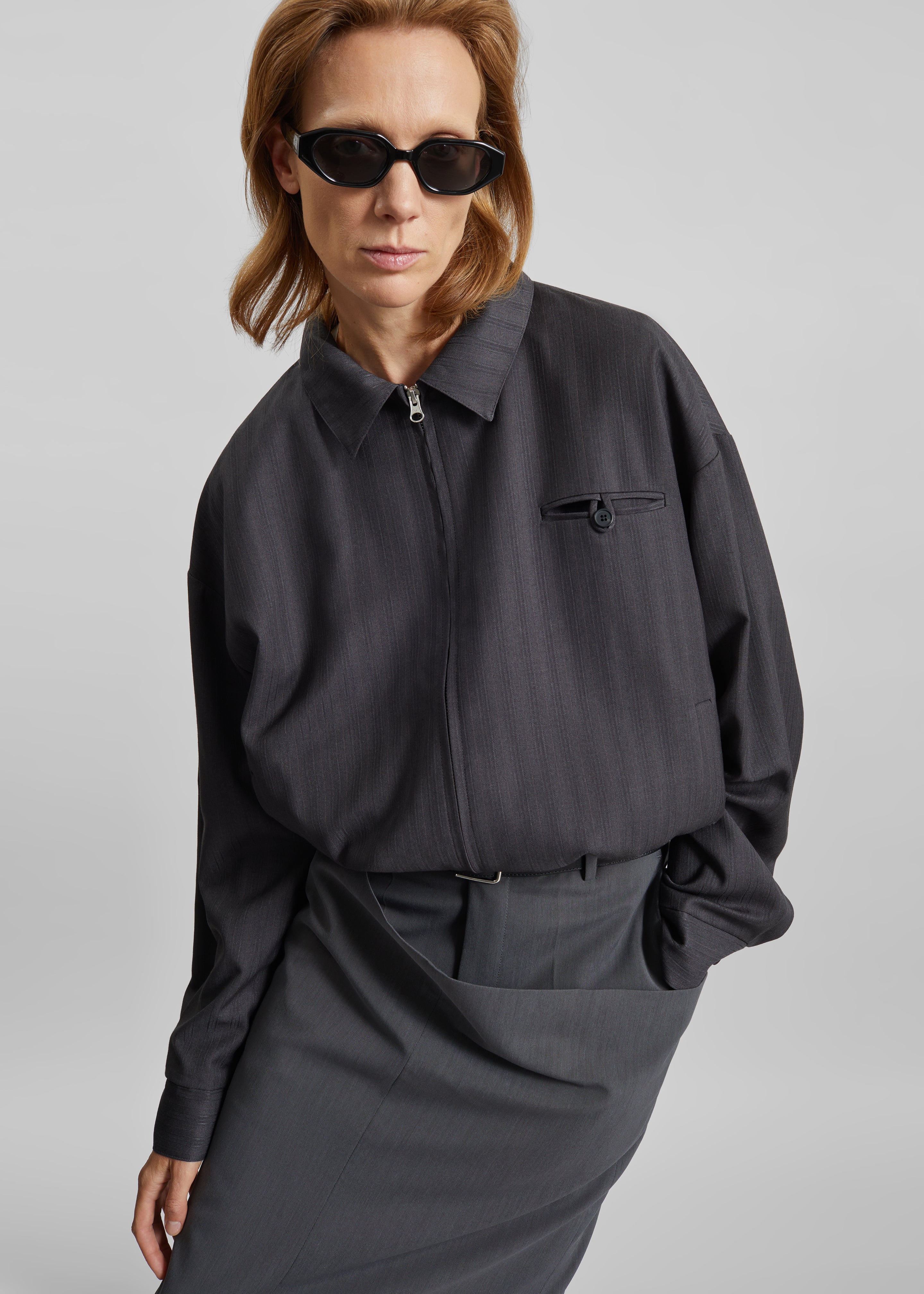 Minori Blouson Jacket - Charcoal/White Pinstripe - 8