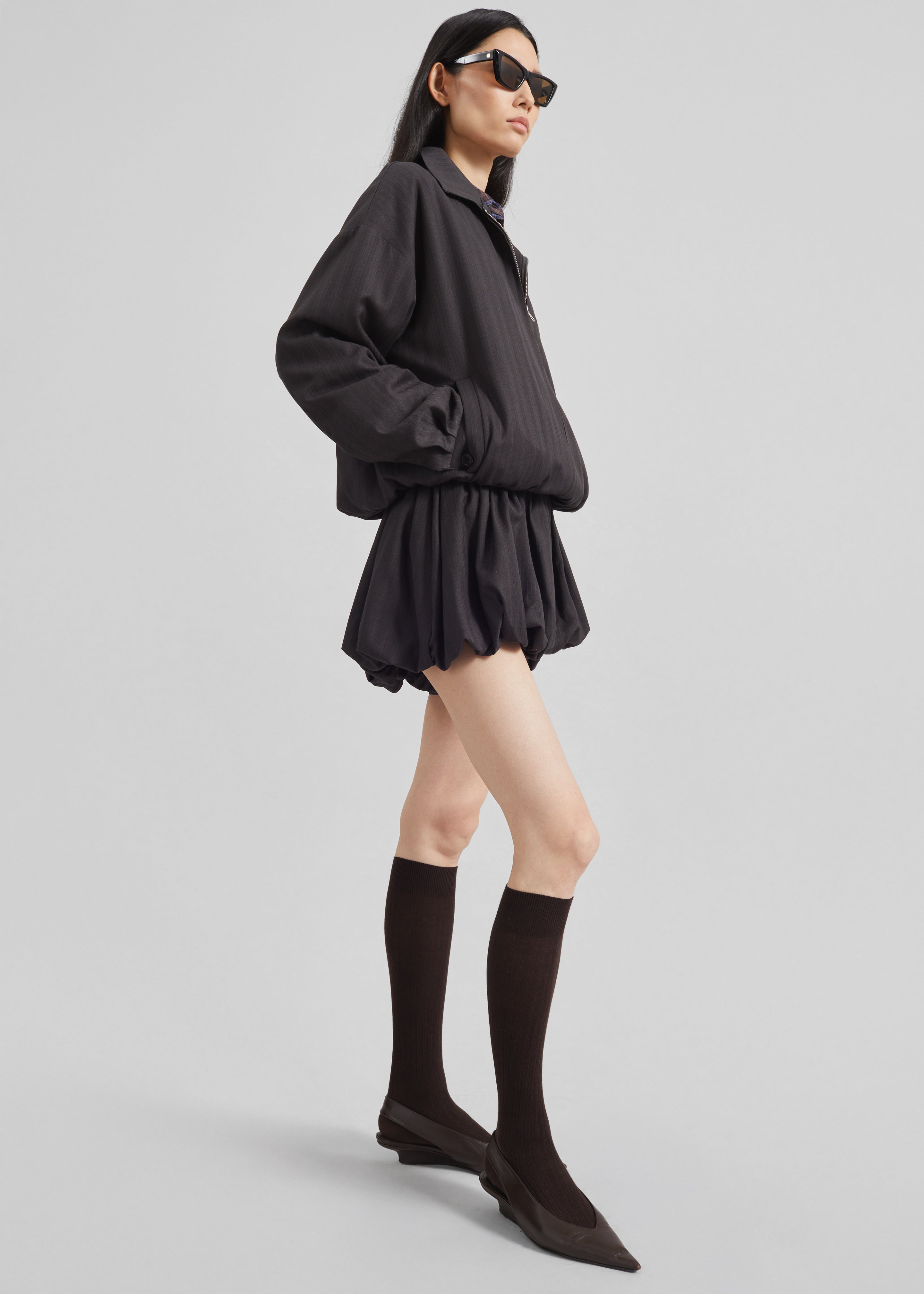 Minori Bubble-Hem Shorts - Charcoal/White Pinstripe - 6