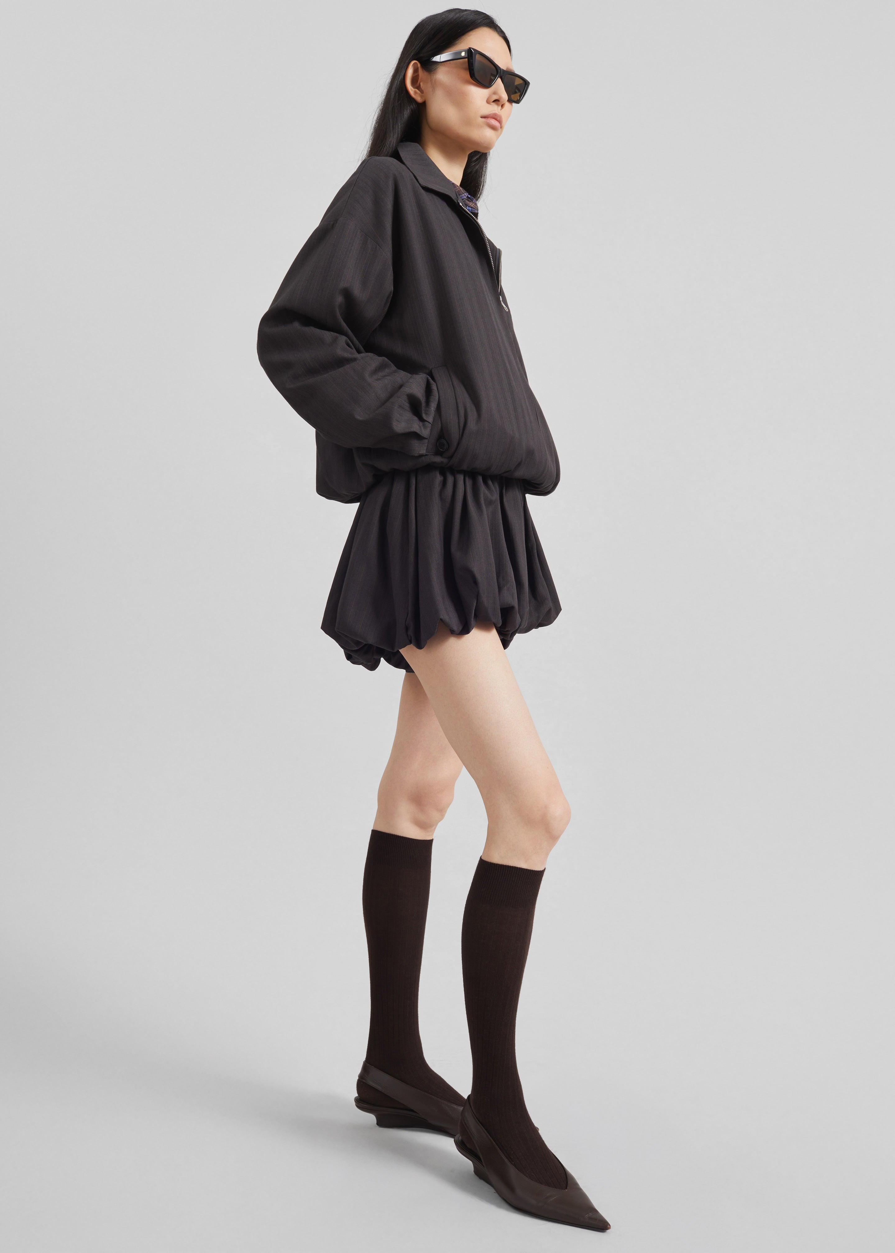 Minori Bubble-Hem Shorts - Charcoal/White Pinstripe - 1