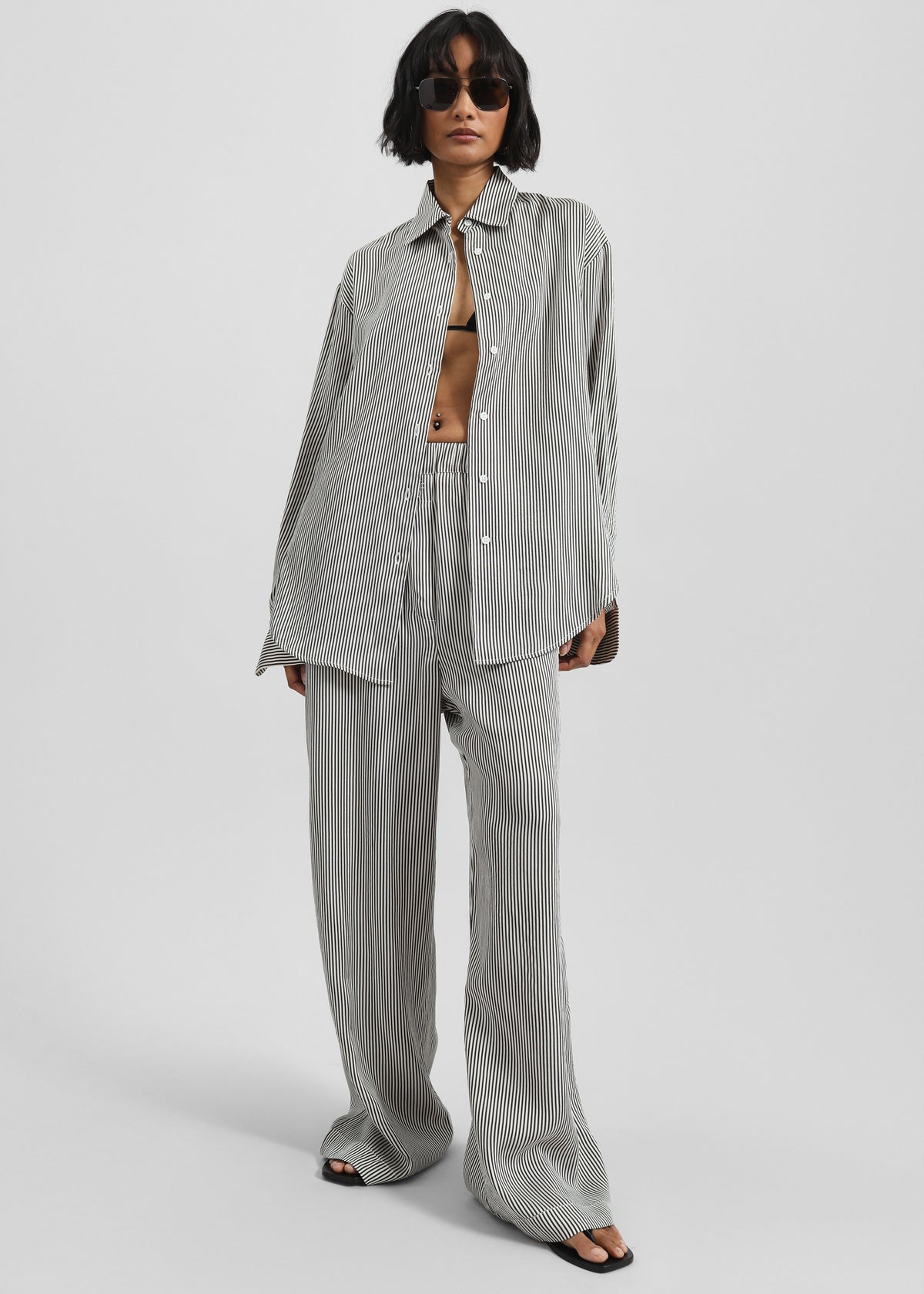 Mirca Striped Silk Elastic Pants - Black/White Stripe - 1