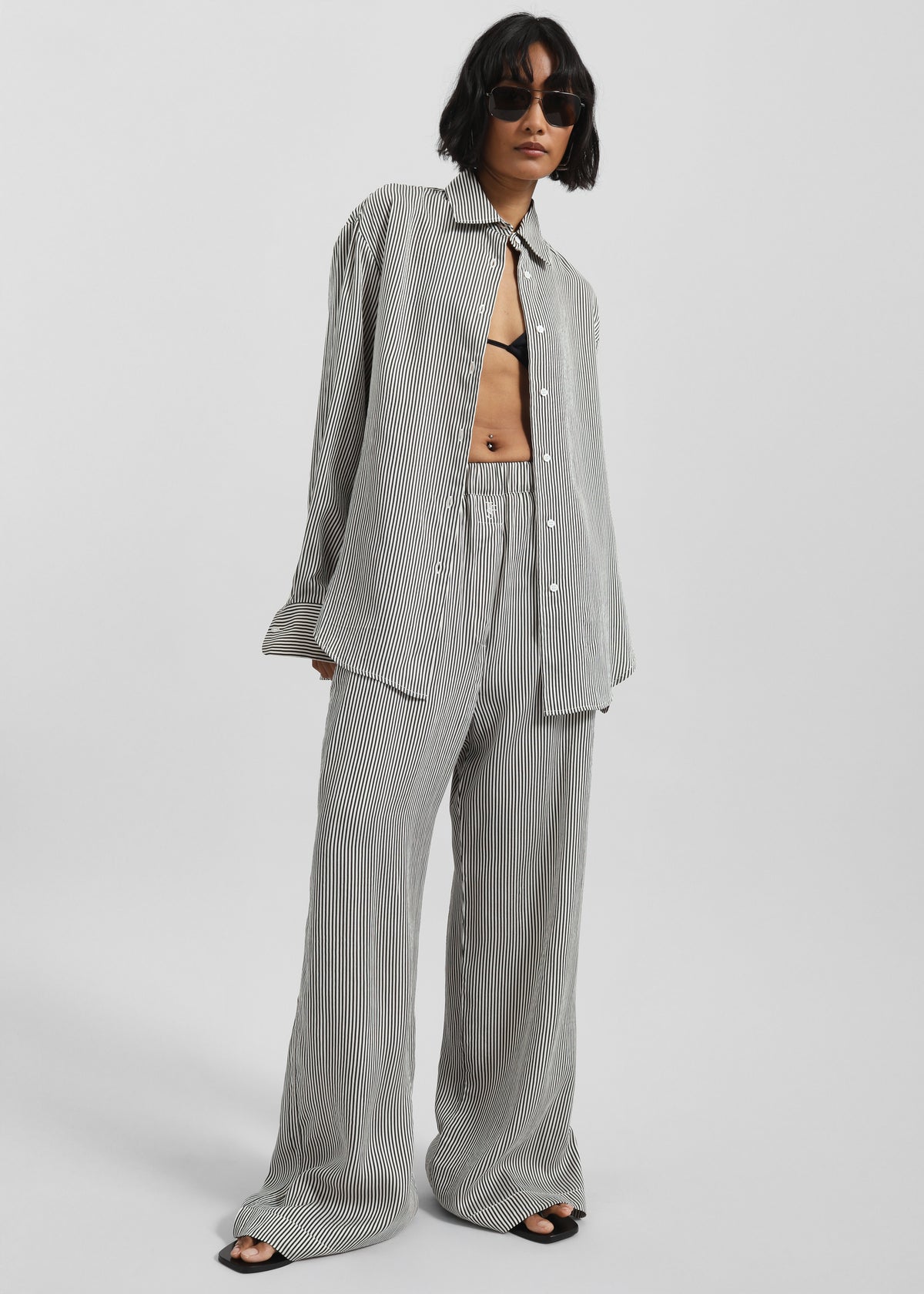 Mirca Striped Silk Elastic Pants - Black/White Stripe - 5