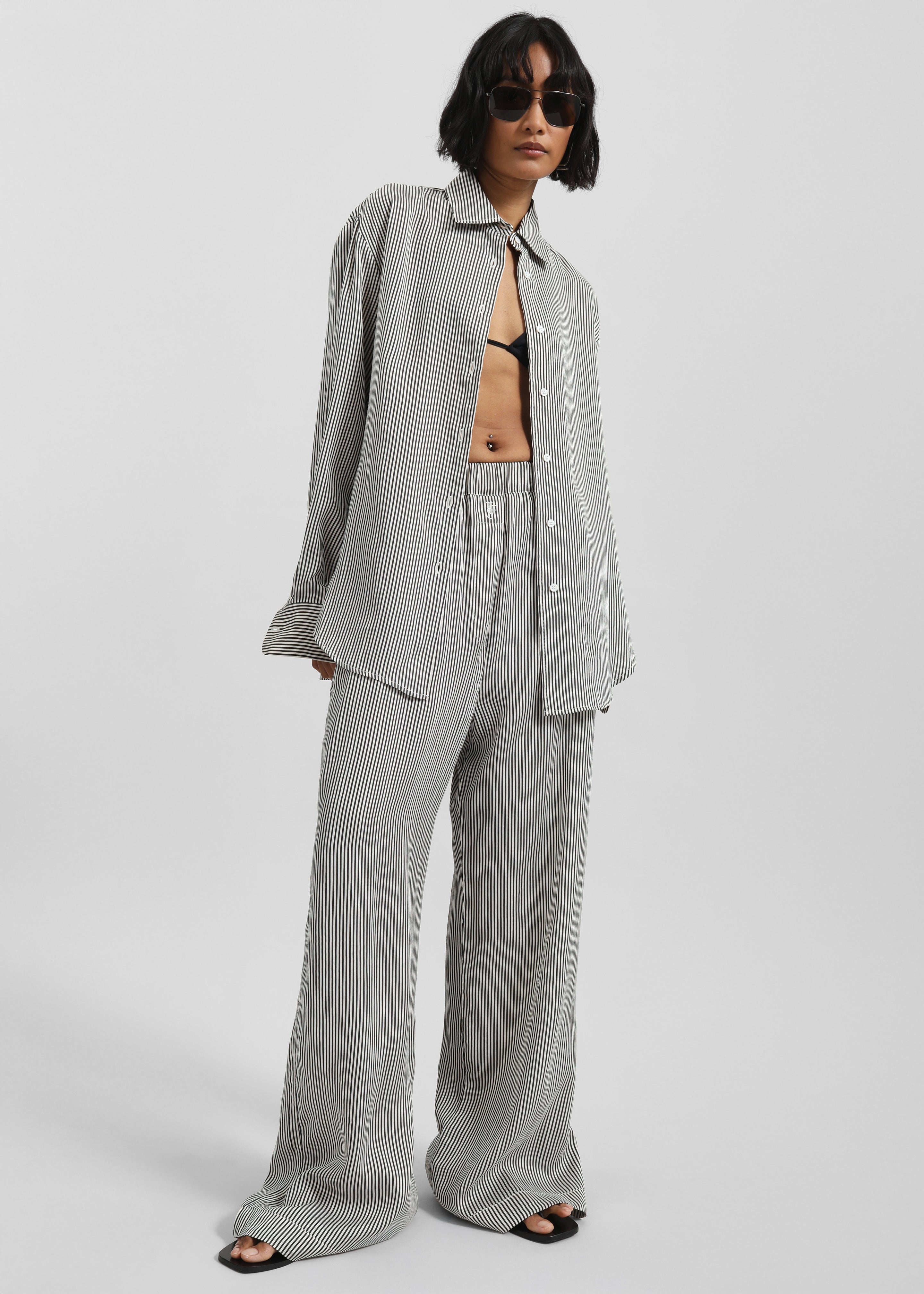 Mirca Striped Silk Elastic Pants - Black/White Stripe - 5