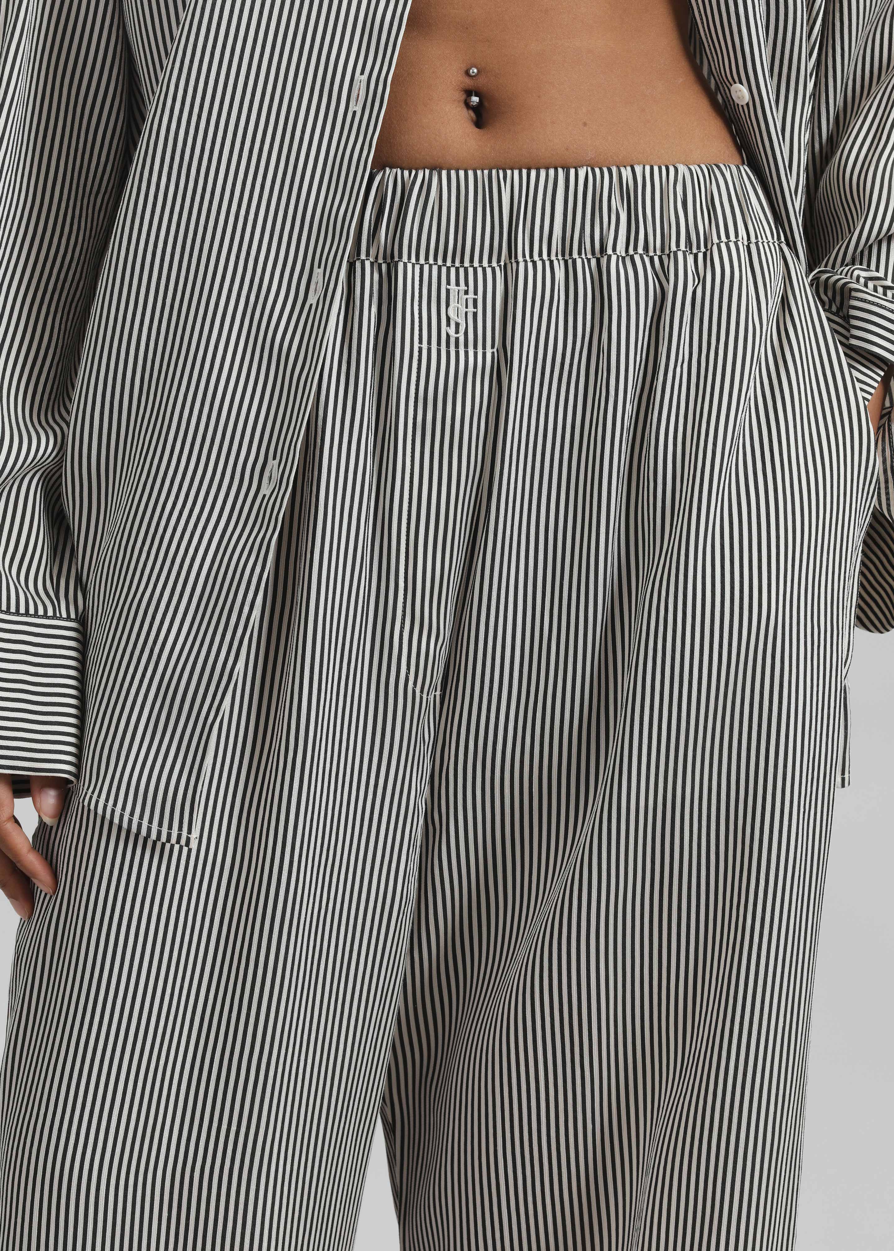 Mirca Striped Silk Elastic Pants - Black/White Stripe - 3